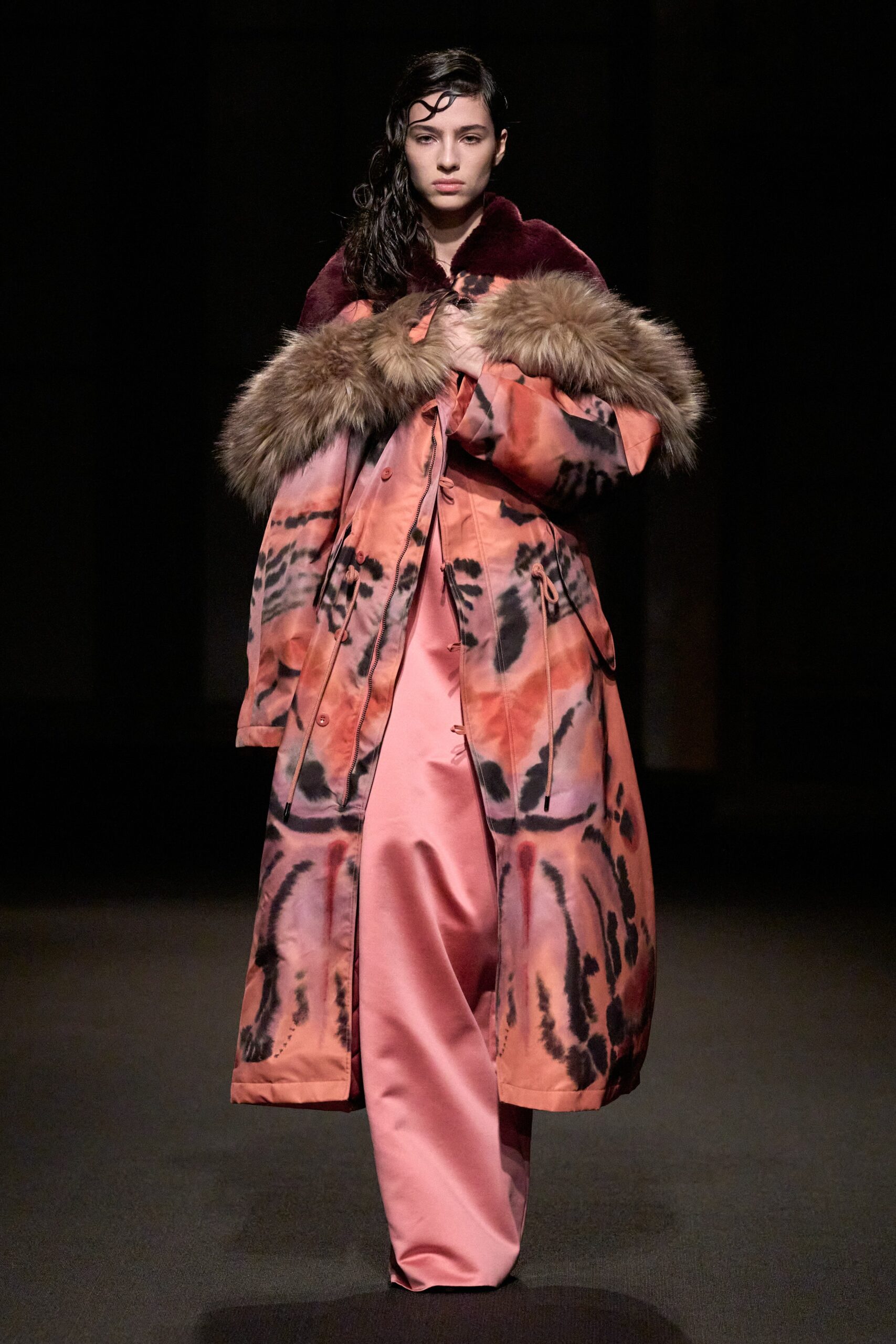 printed coat with silk pants