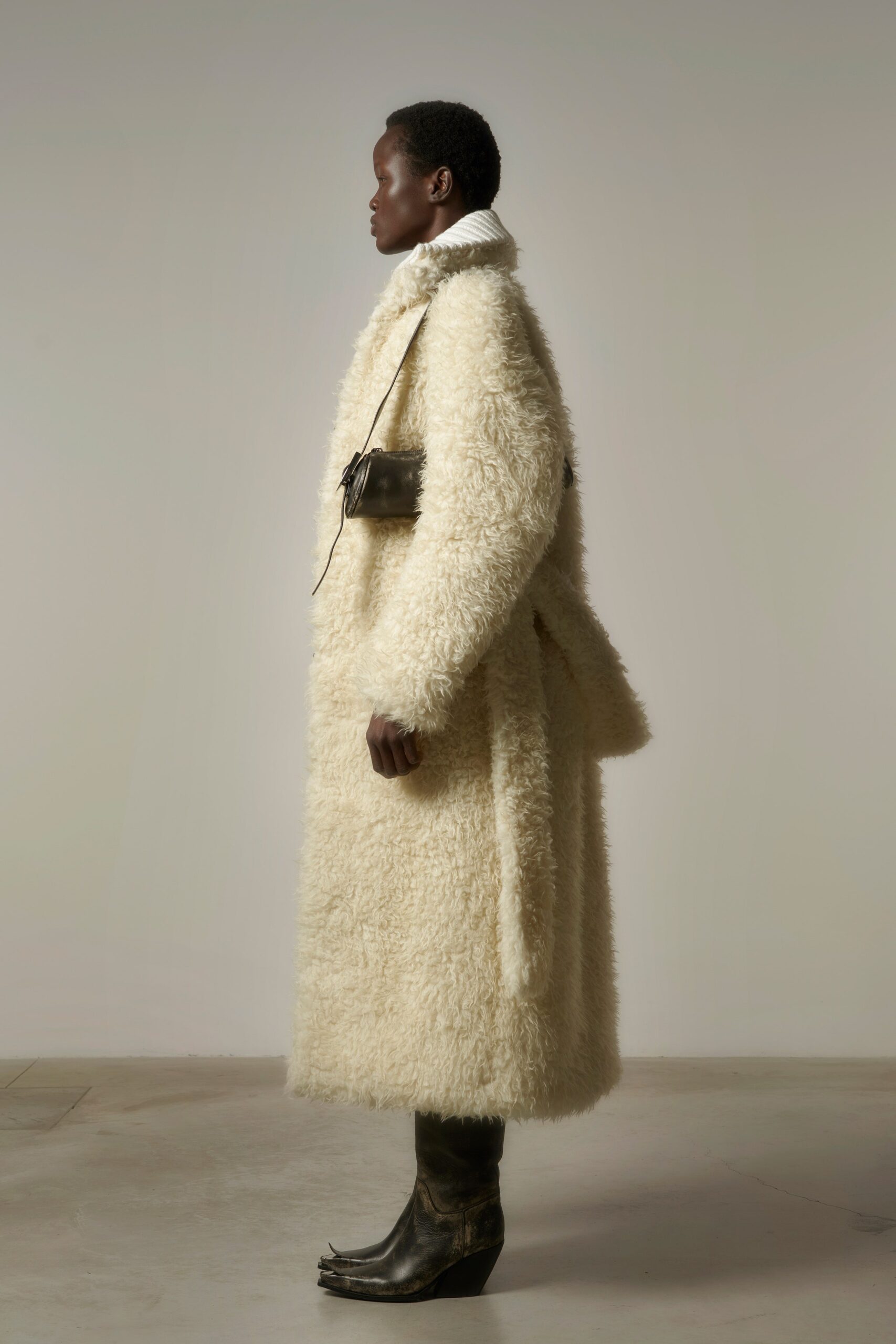 white fur long-sleeve collared oversized draped maxi coat