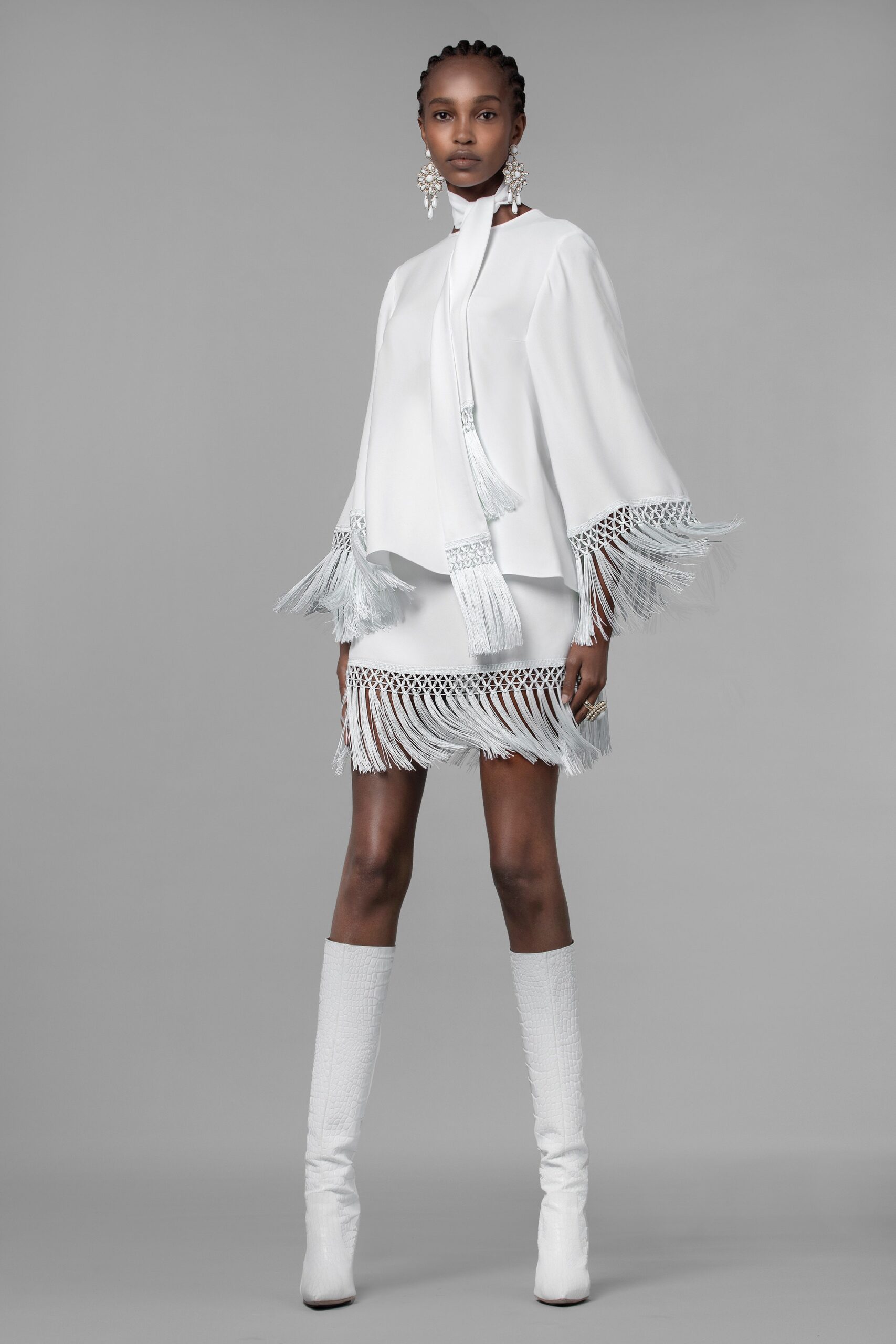 white silk long-sleeve relaxed fringed cape