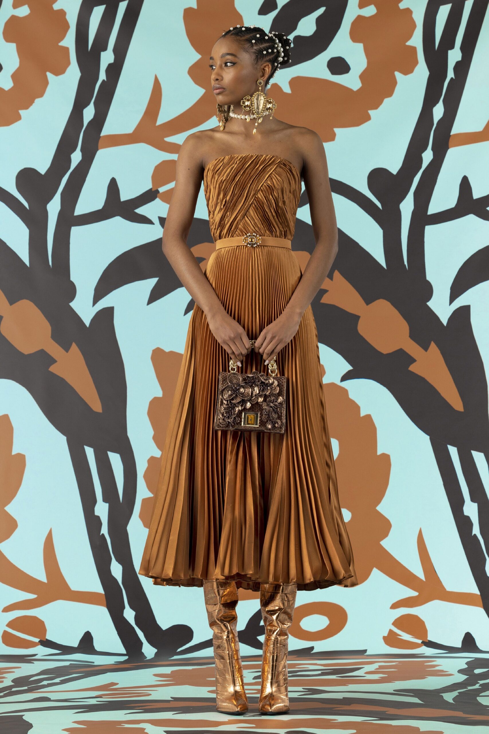brown silk strapless fitted pleated belted flowing dress