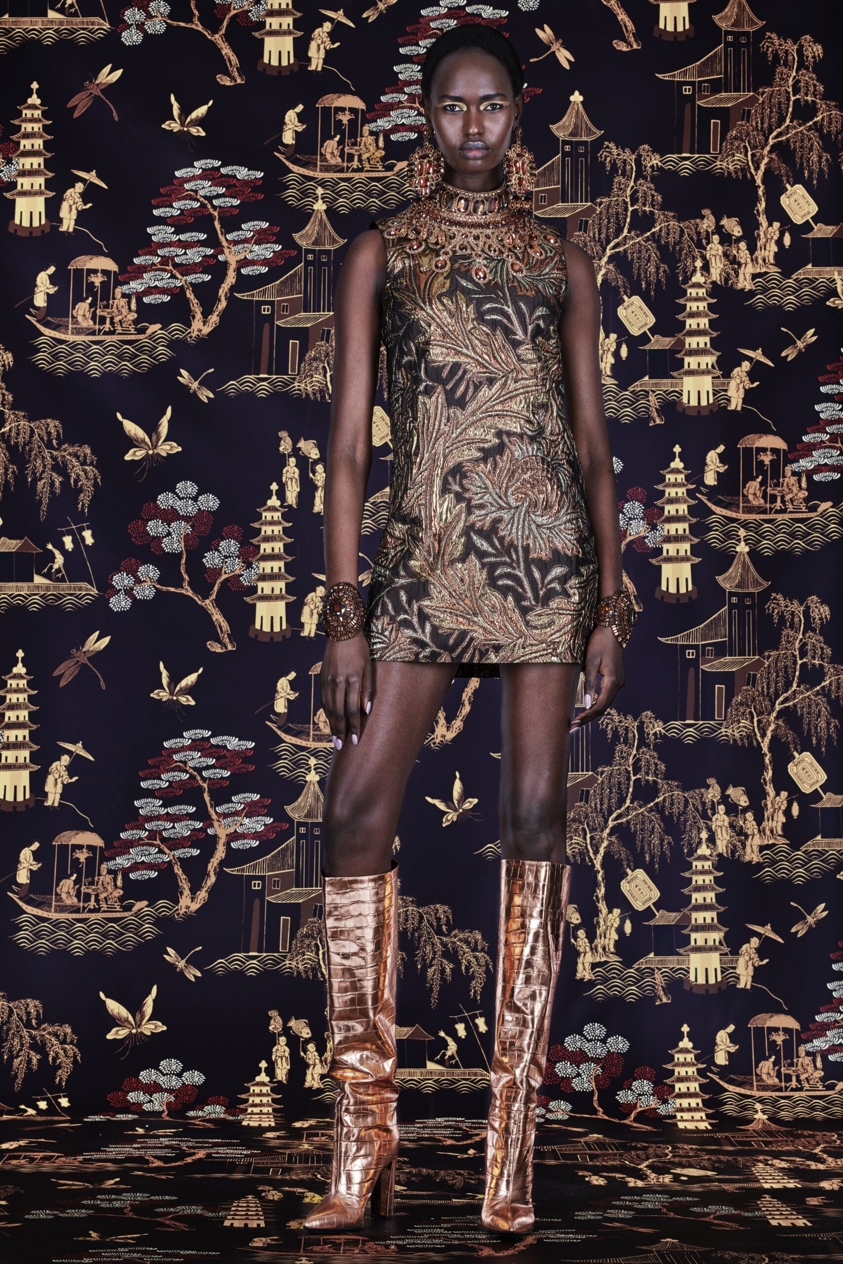 gold embroidered mini dress with boots