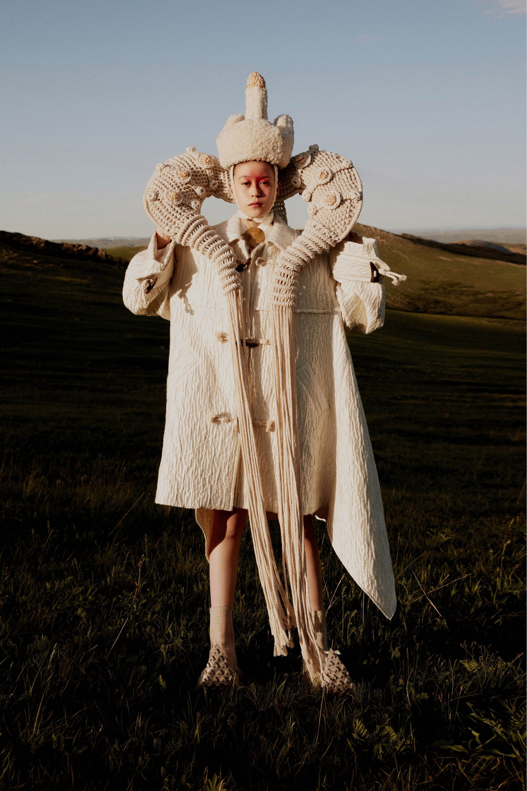 white cotton long-sleeve collared oversized buttoned textured coat