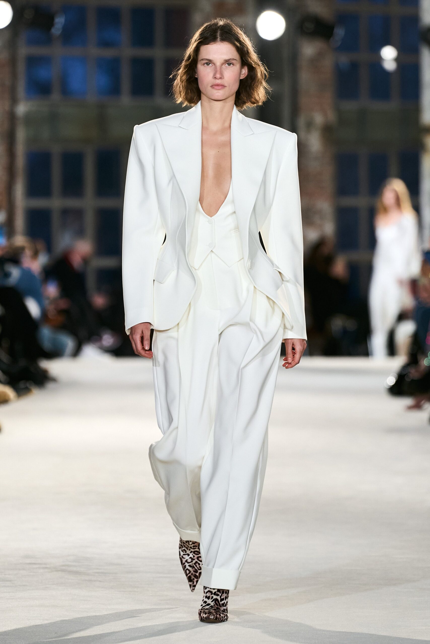 white silk long-sleeve v-neck tailored pleated suit