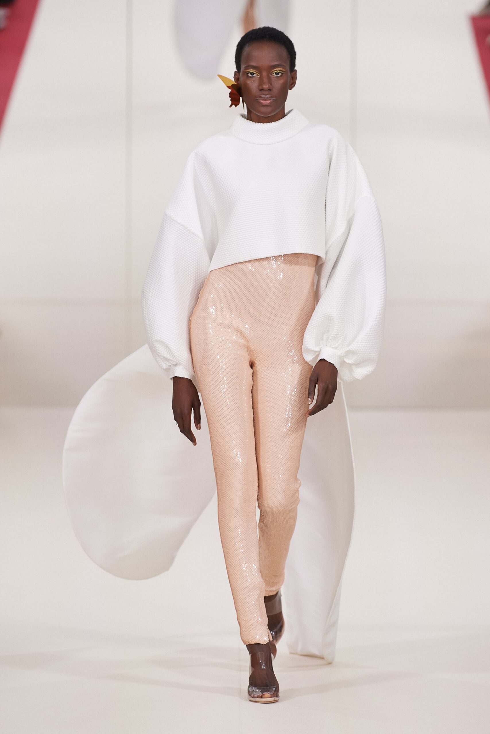 pink sequin fitted straight-leg shiny pants