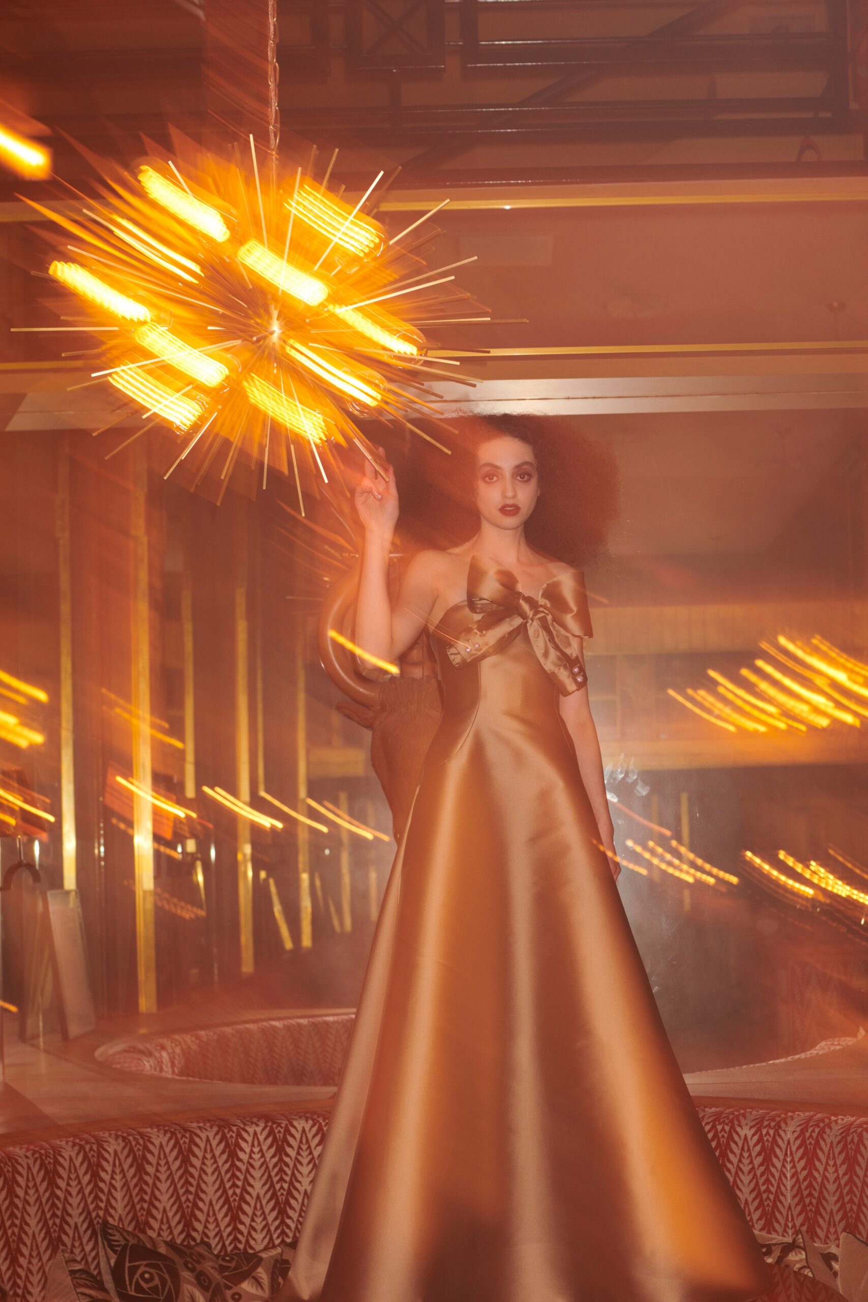 gold silk off-shoulder gown