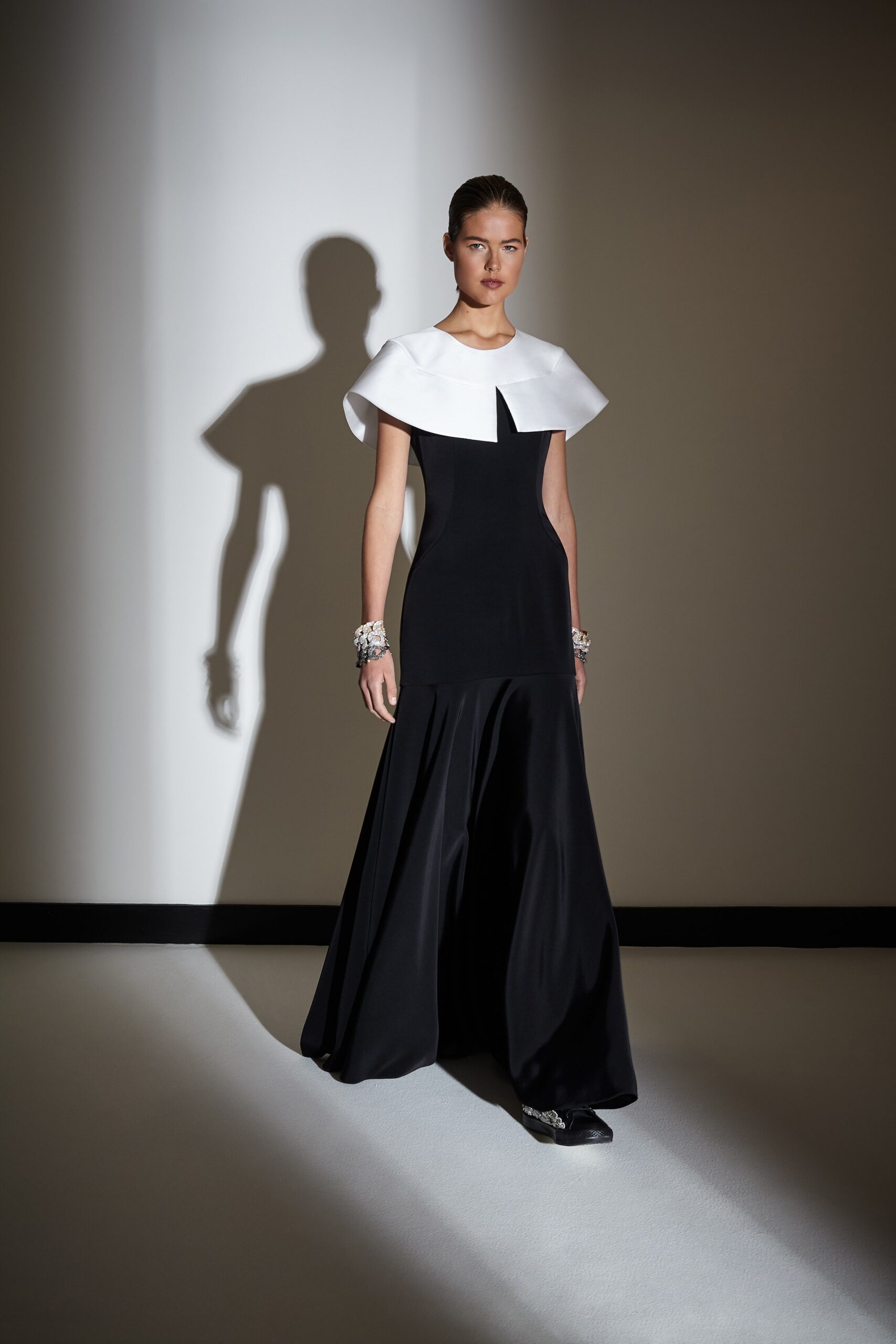 black and white silk gown