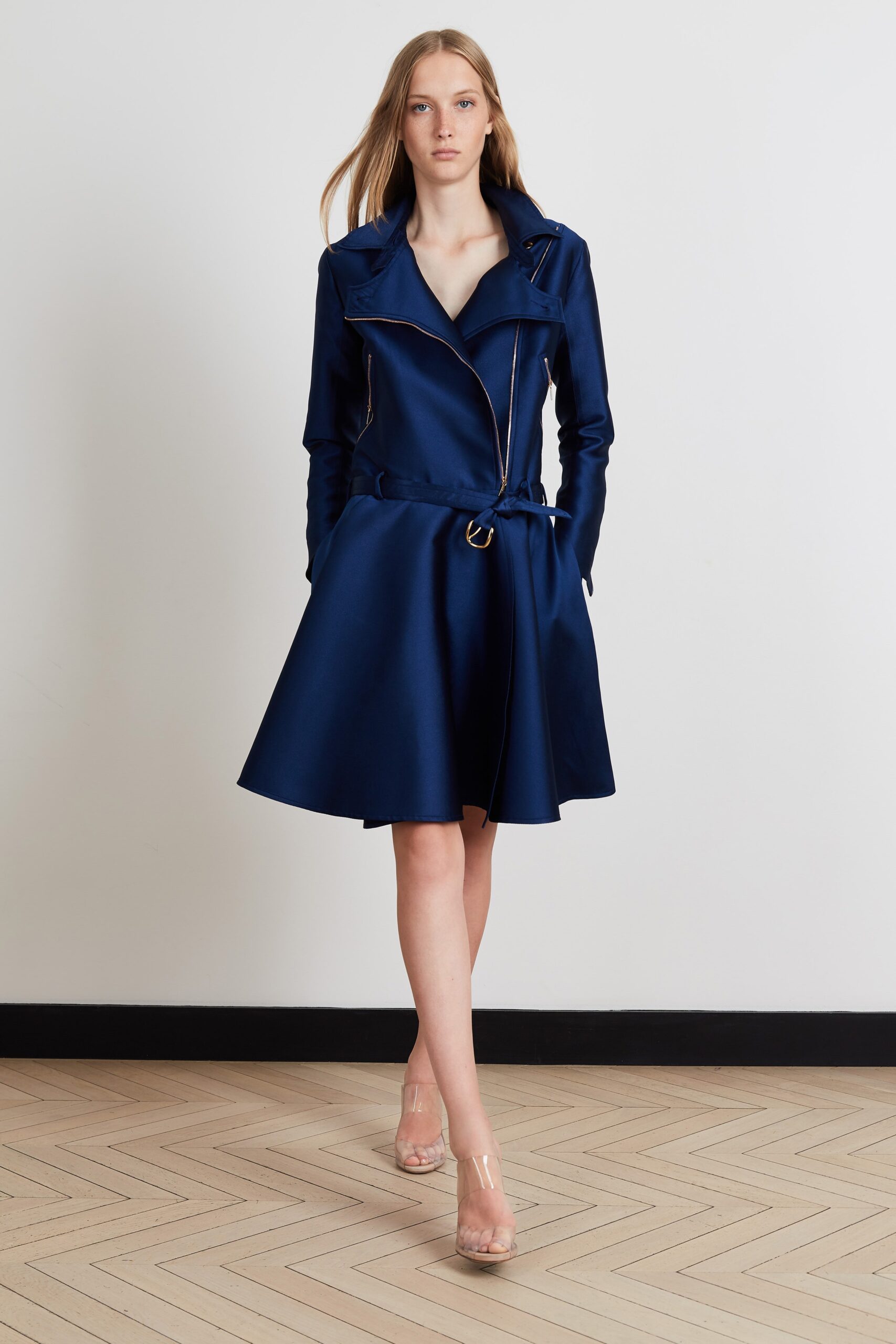 blue satin long-sleeve dress