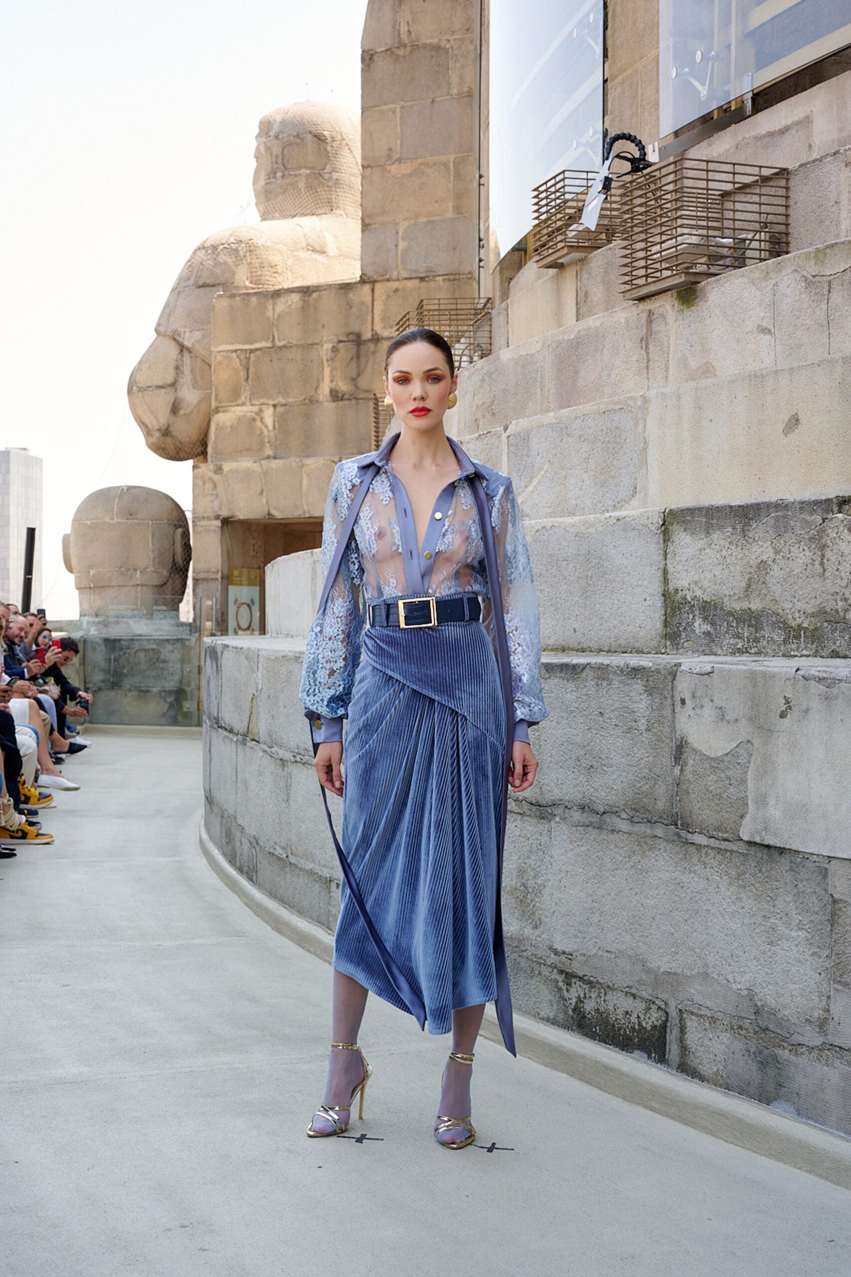 blue silk sleeveless v-neck fitted pleated draped dress