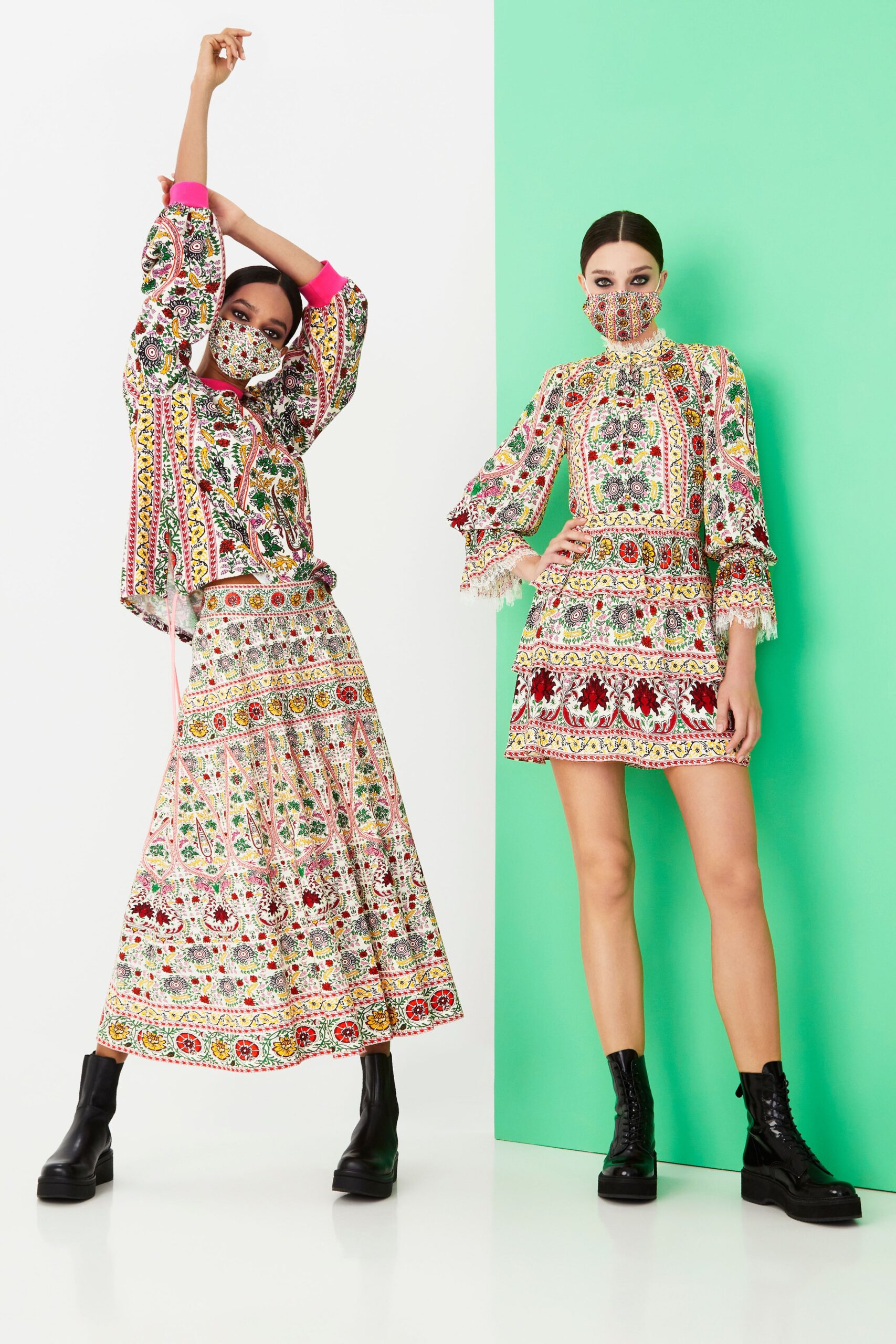 multi-colored embroidered top and skirt