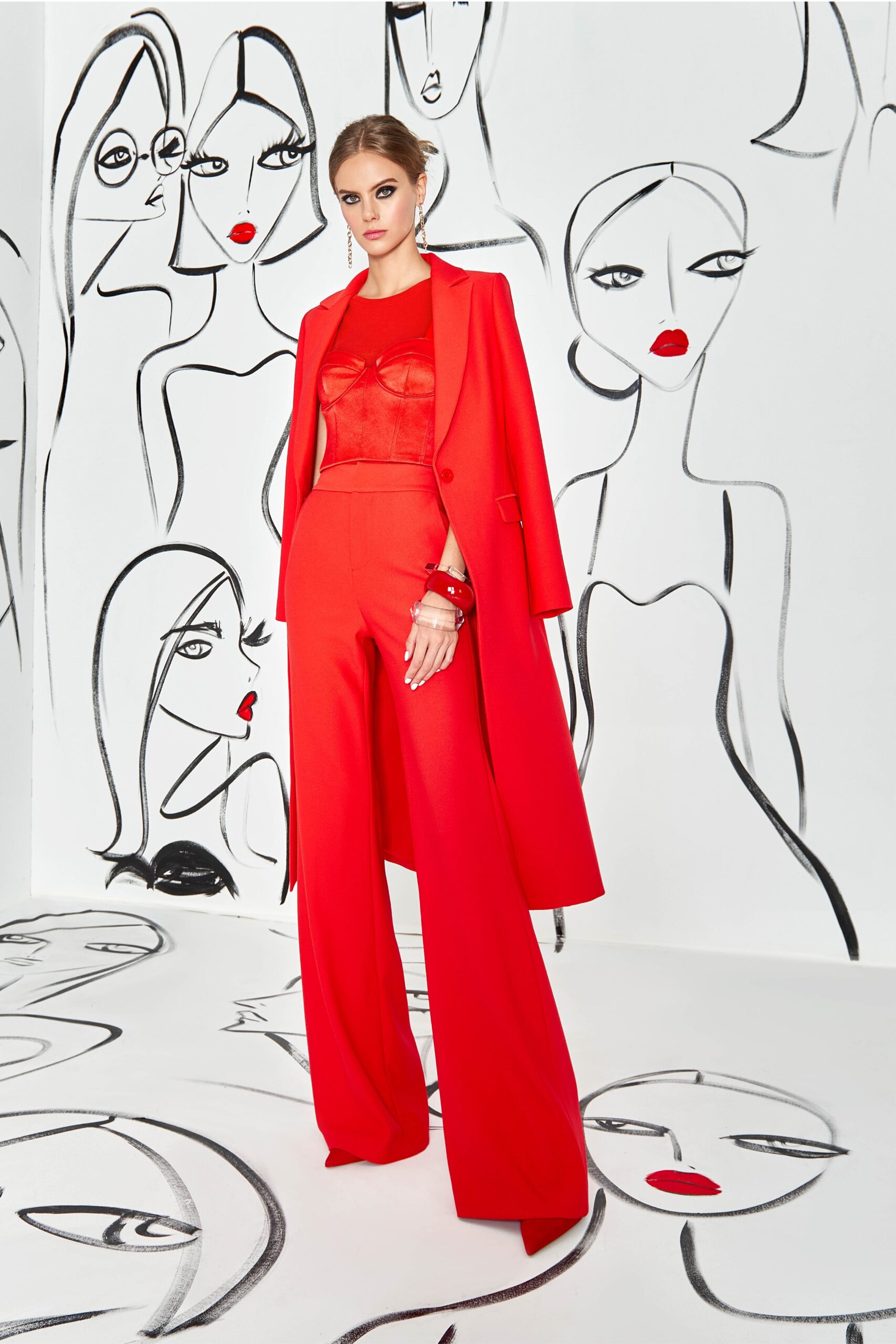 red sleeveless high-neck fitted ruched top