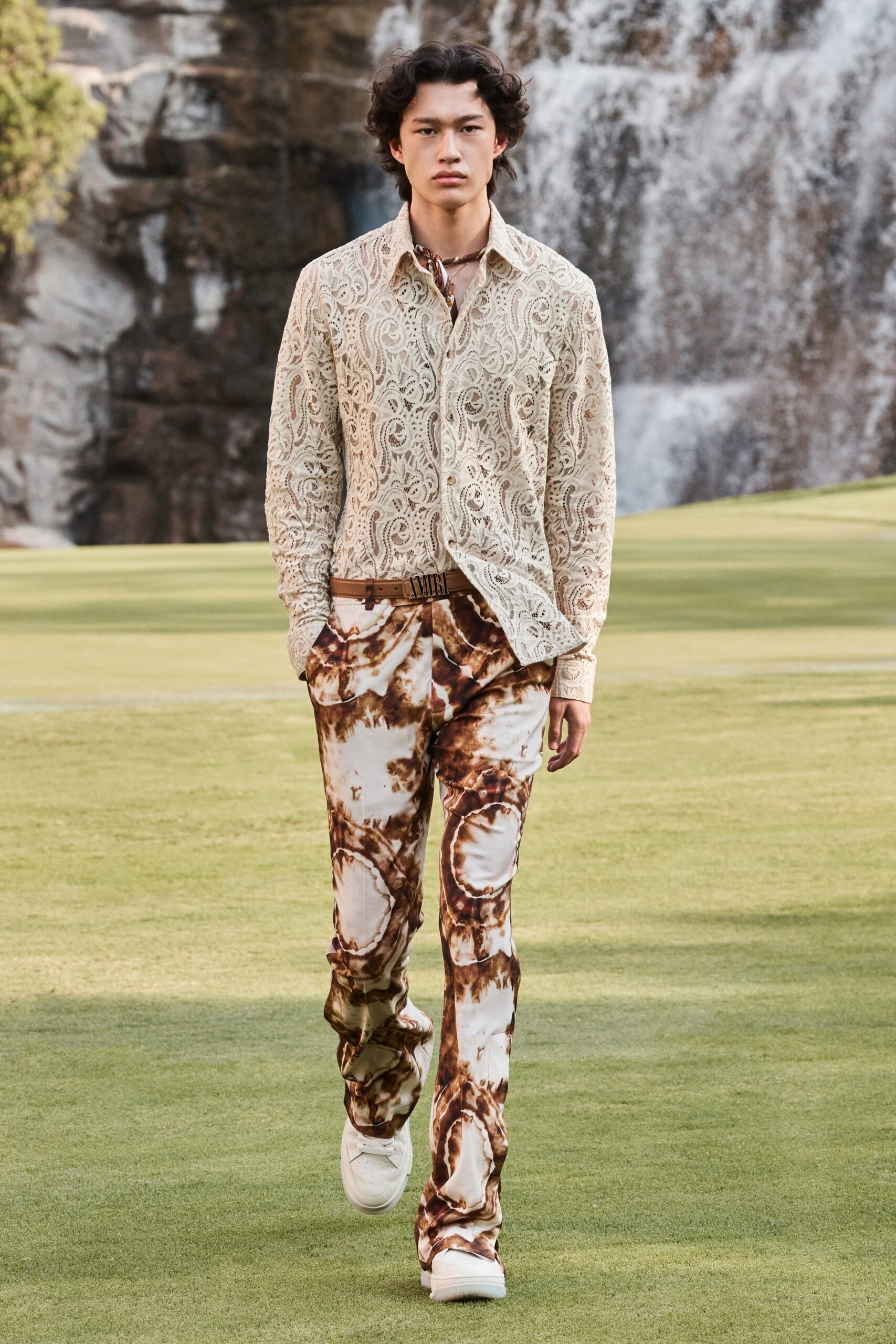 beige embroidered shirt with flared pants