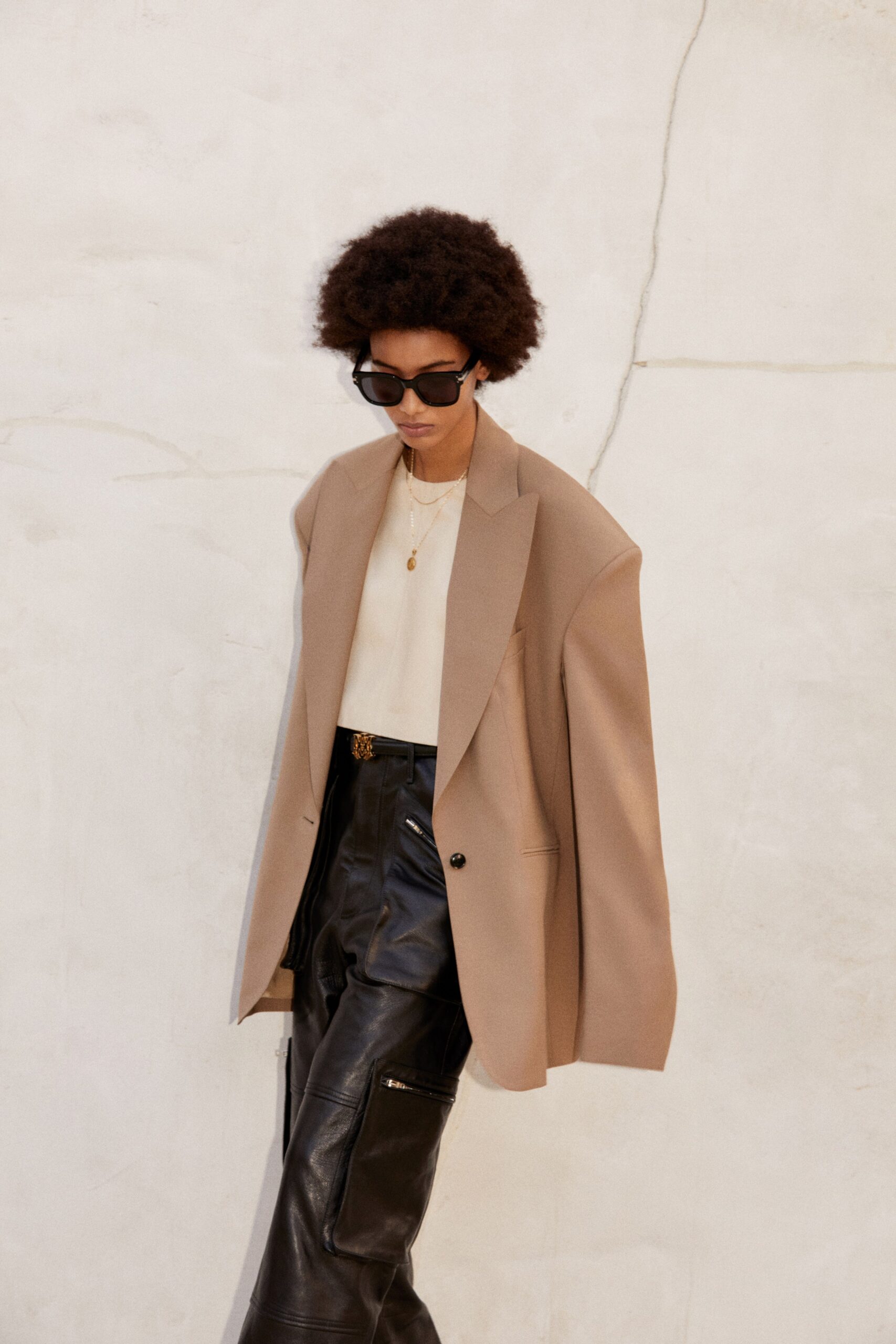 beige wool long-sleeve collared oversized buttoned blazer