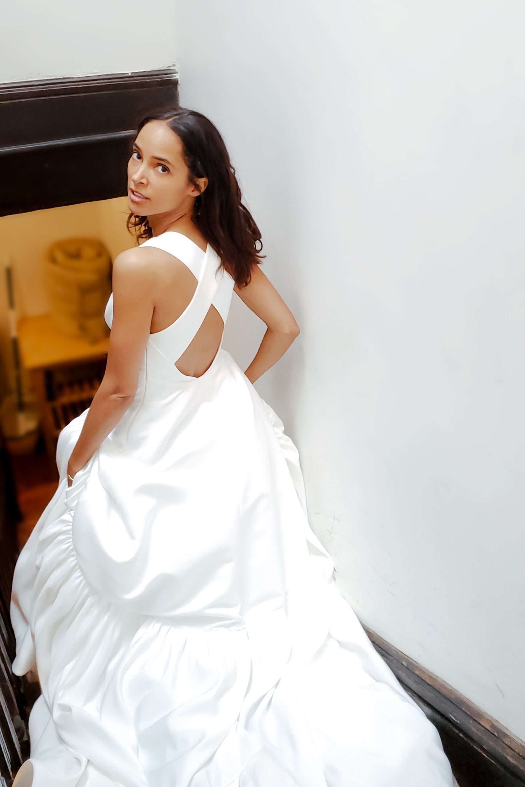 white silk backless gown