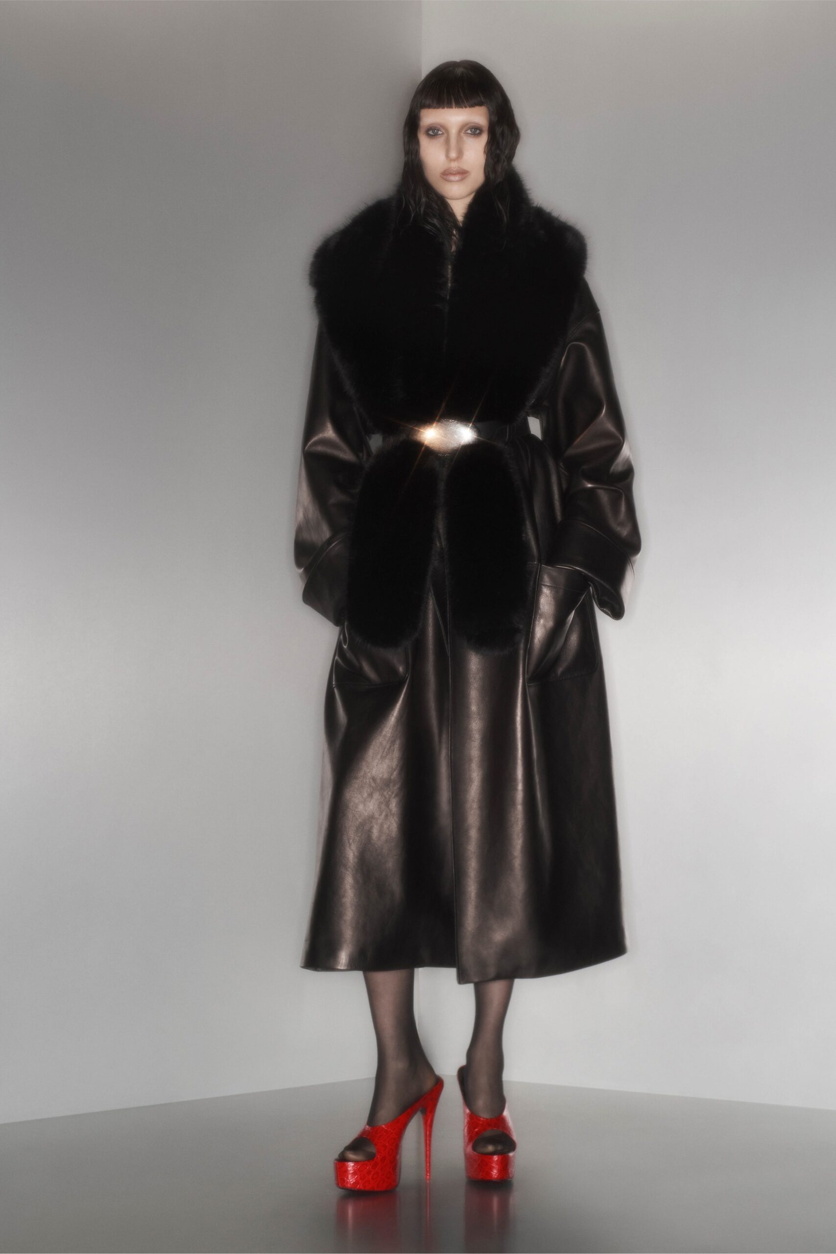 black leather long-sleeve collared relaxed belted midi coat