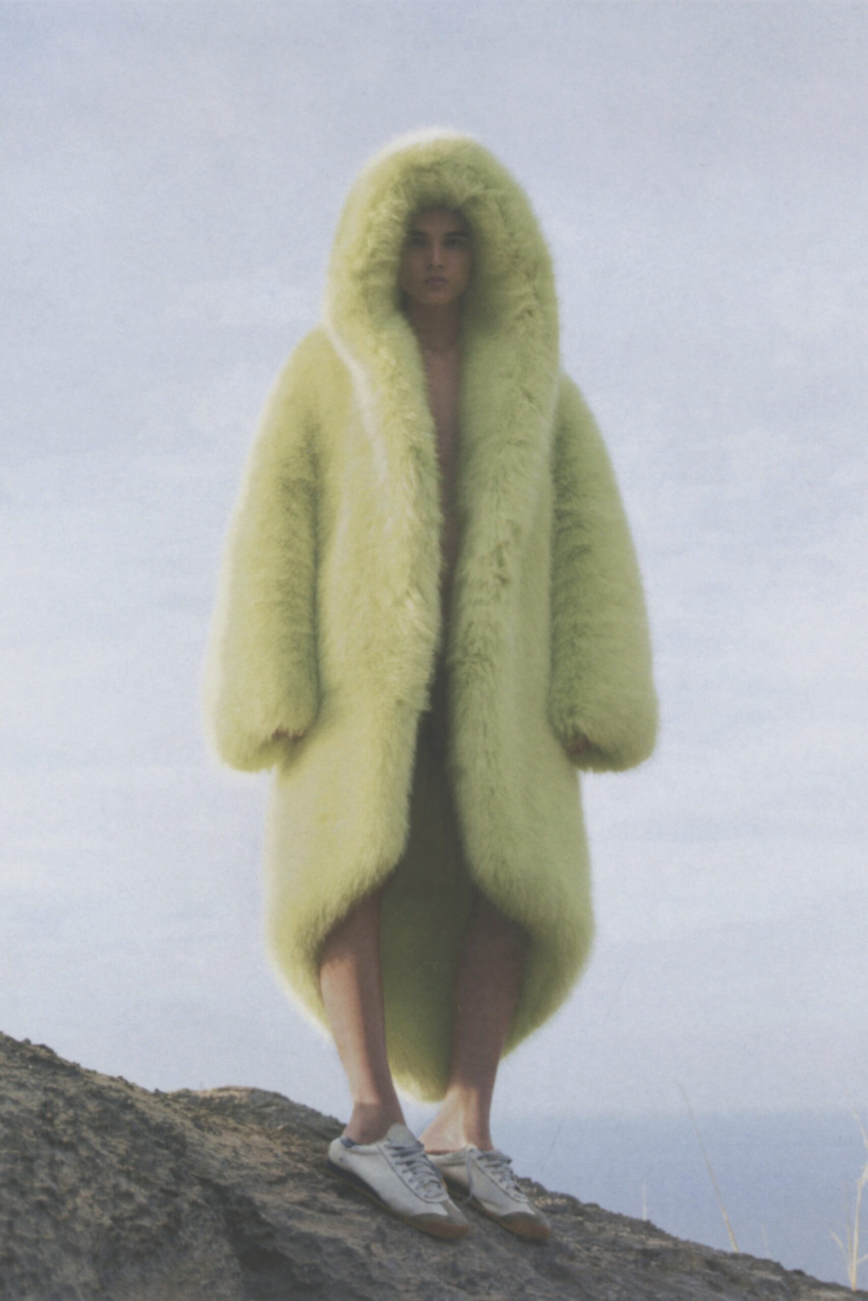 oversized green faux-fur coat