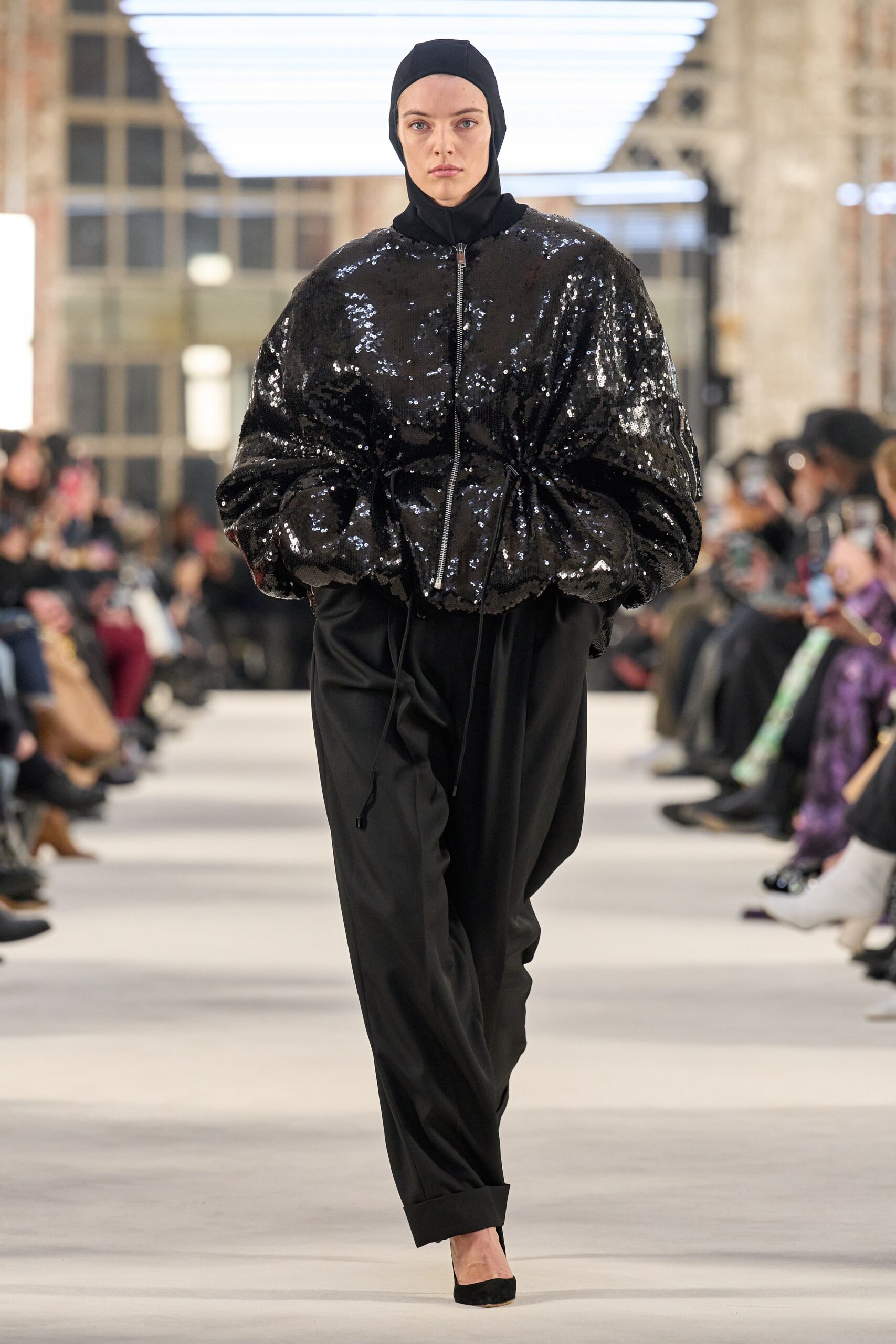 black sequin long-sleeve collared oversized padded shiny jacket