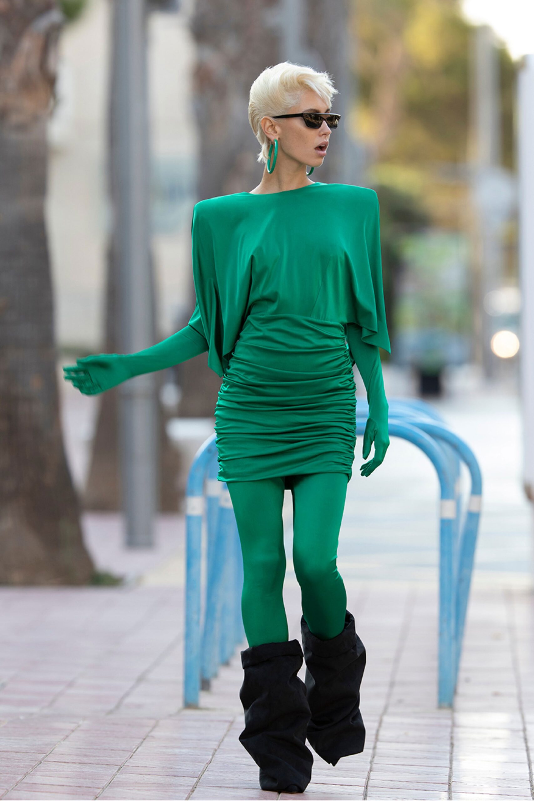 green silk sleeveless high-neck fitted ruched mini dress