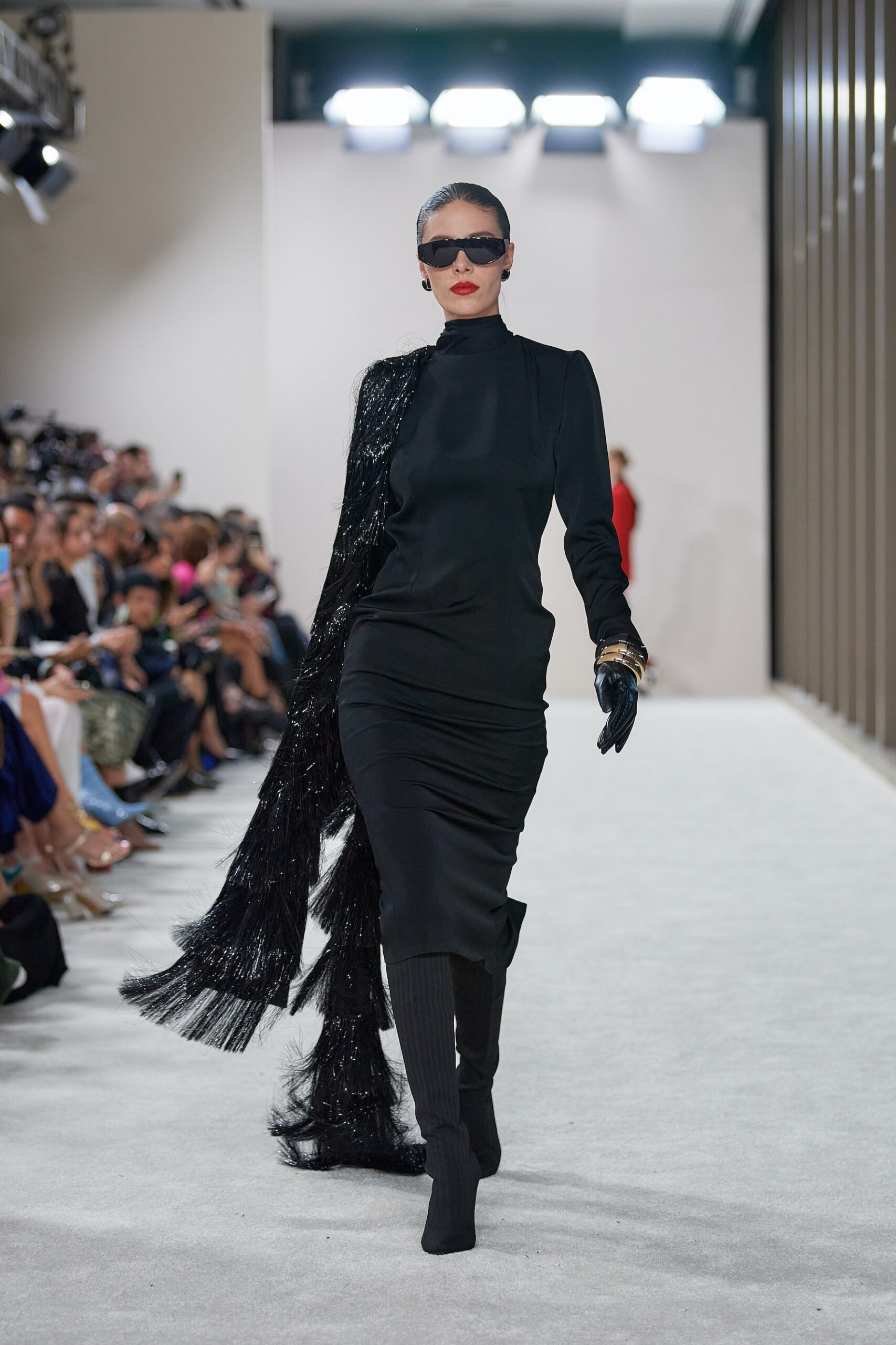 black fitted midi dress with cape