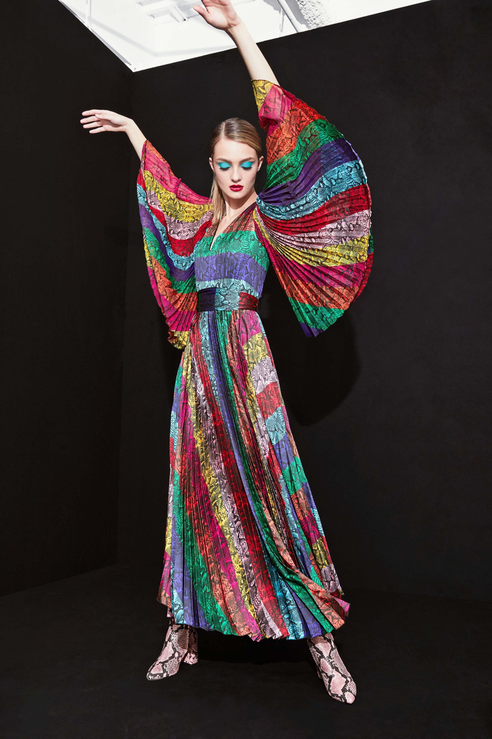 multi-colored pleated maxi dress