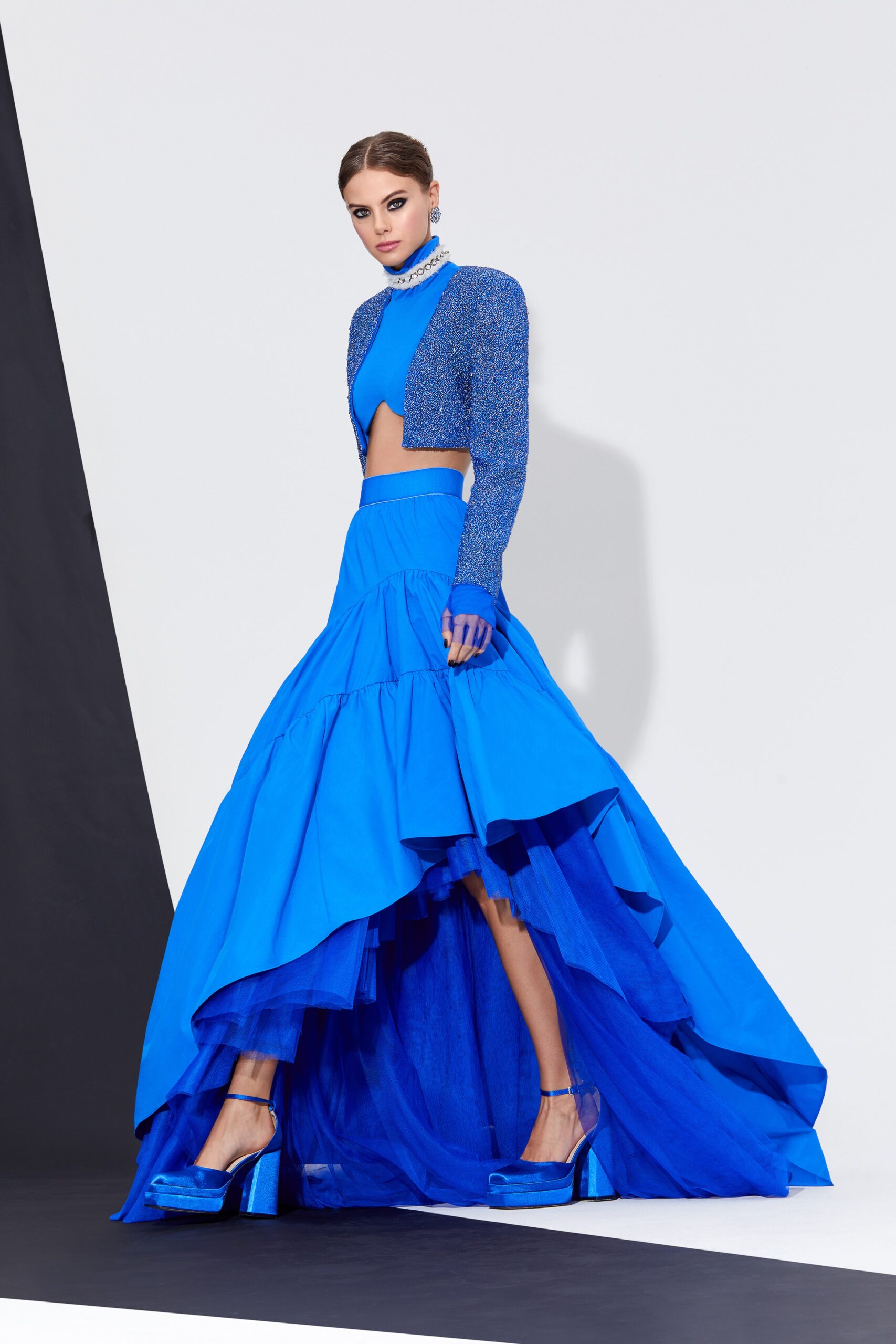 blue cotton fitted high-waisted tiered flowing midi skirt