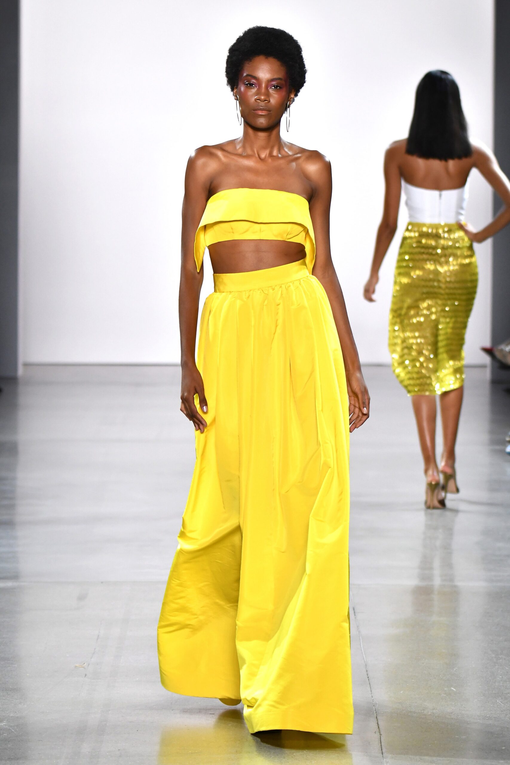 yellow silk sleeveless halter fitted pleated crop-top