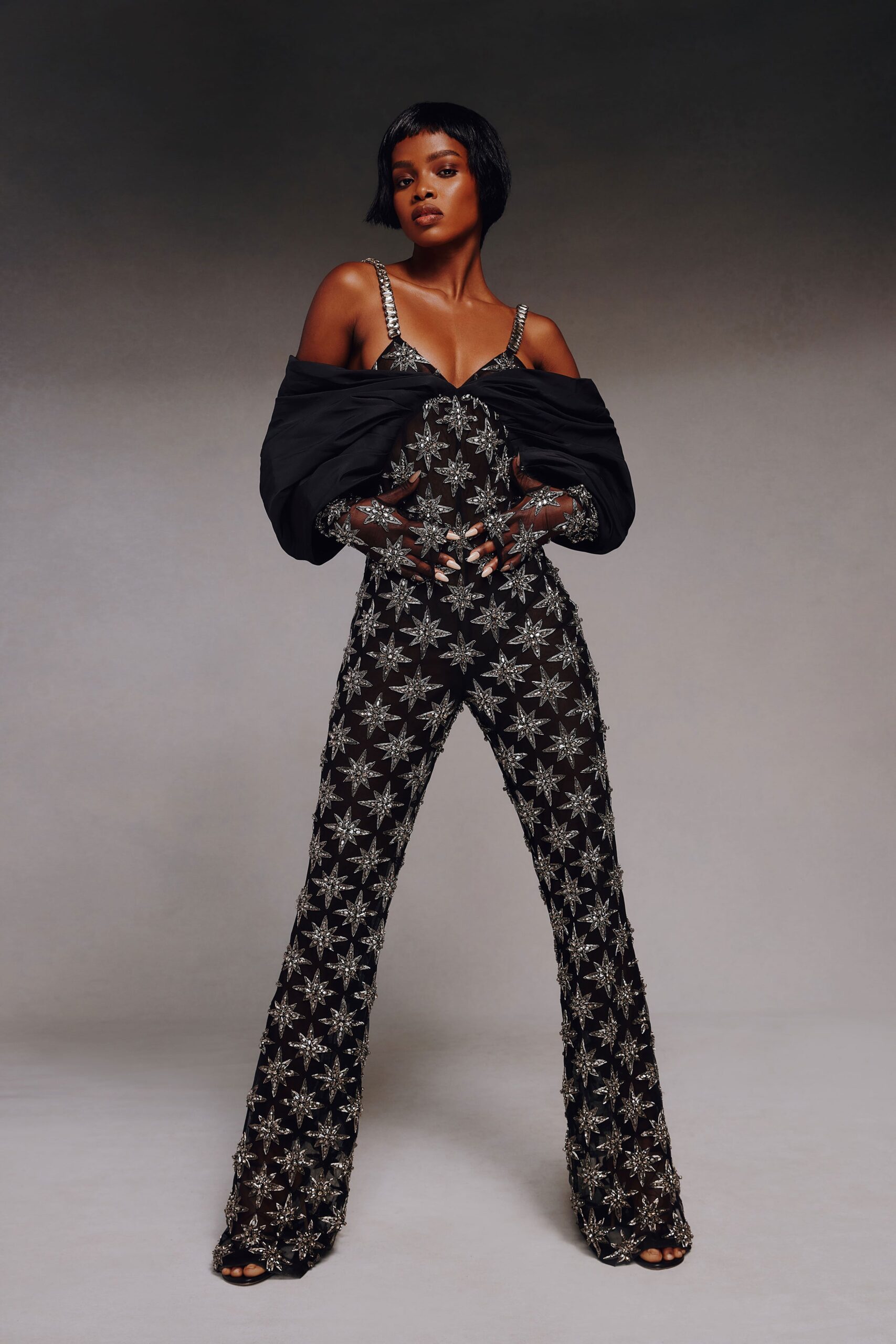 black mesh spaghetti-strap v-neck fitted beaded embellished jumpsuit