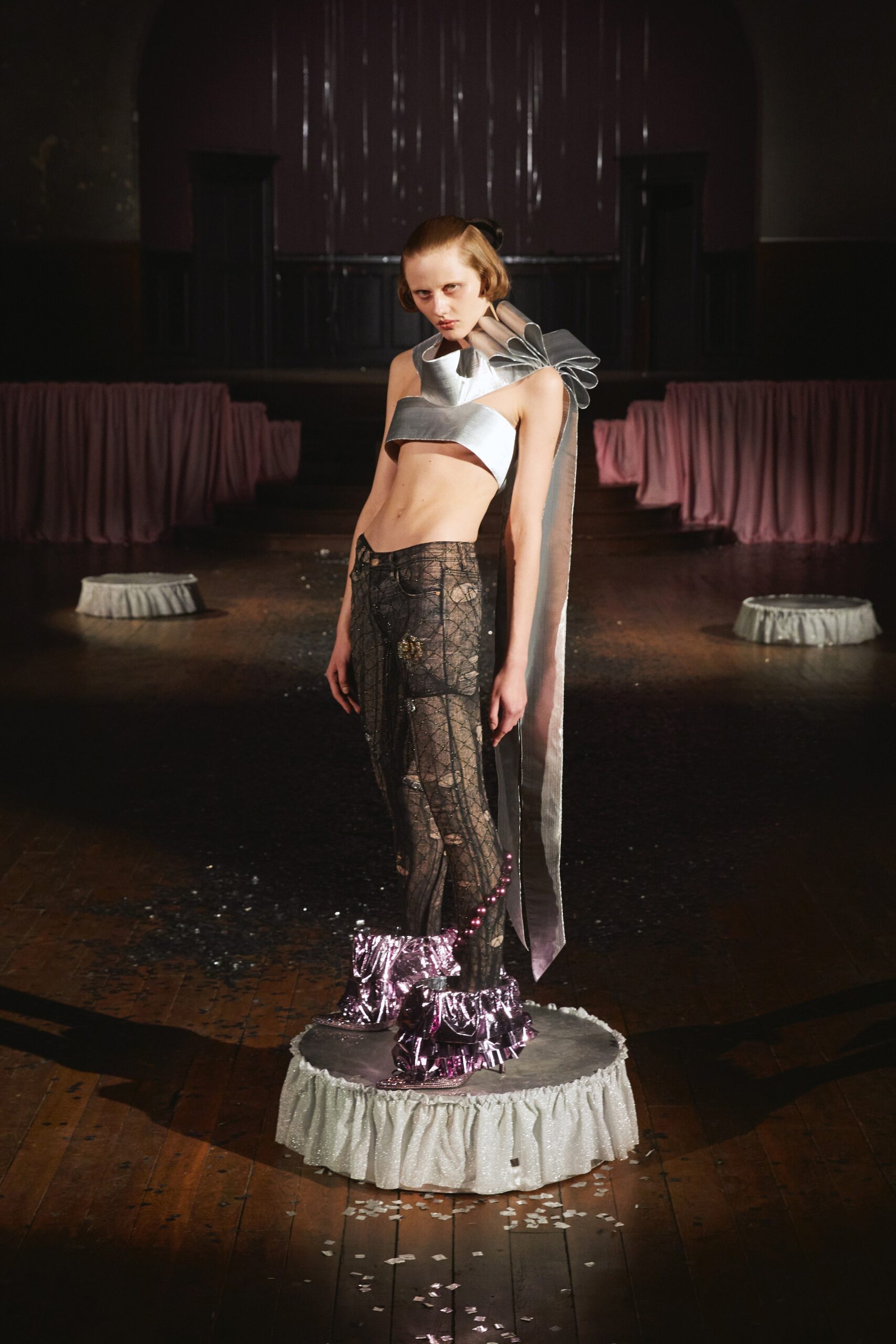 fitted white halter top with black lace pants