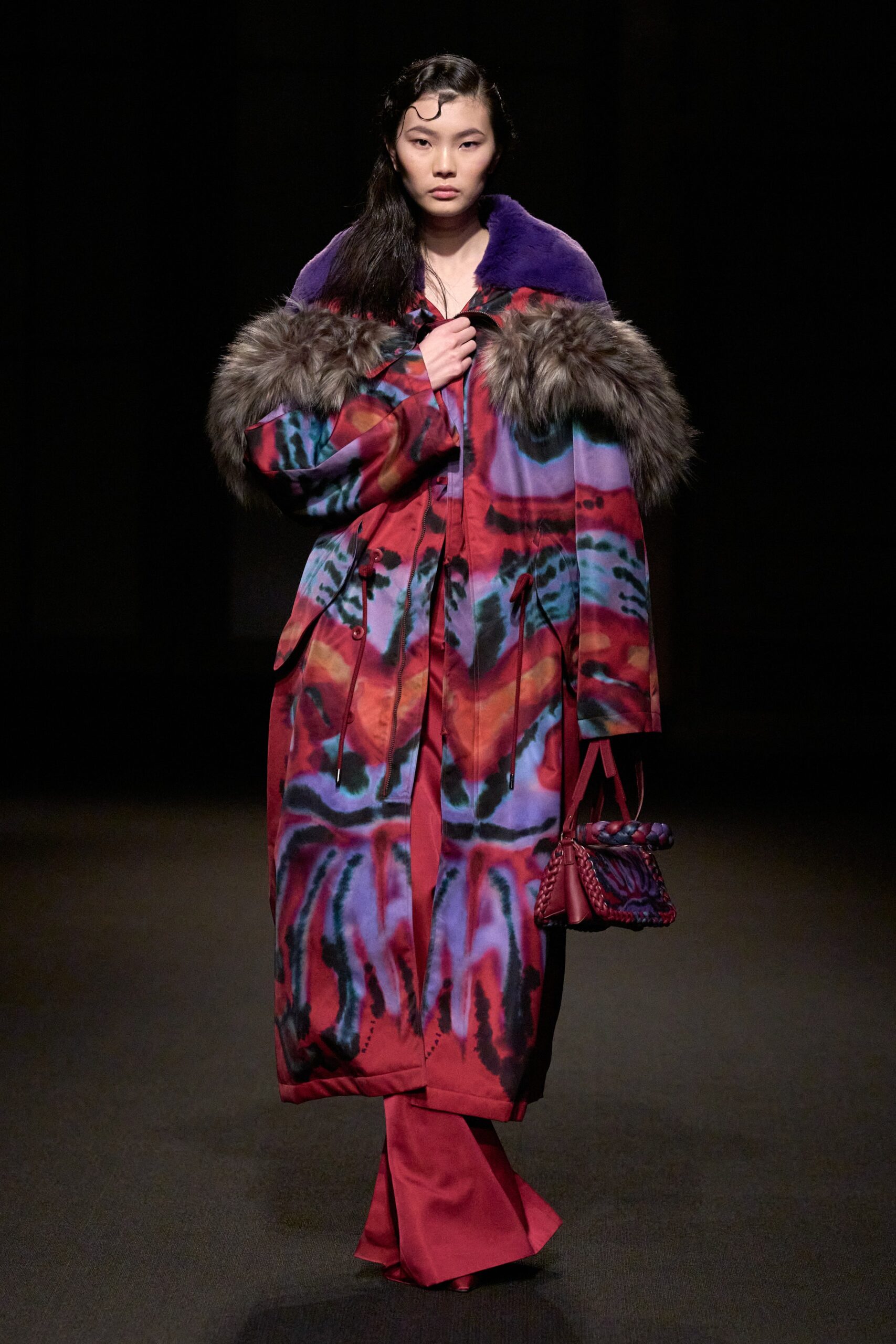 multicolored printed coat with flared pants