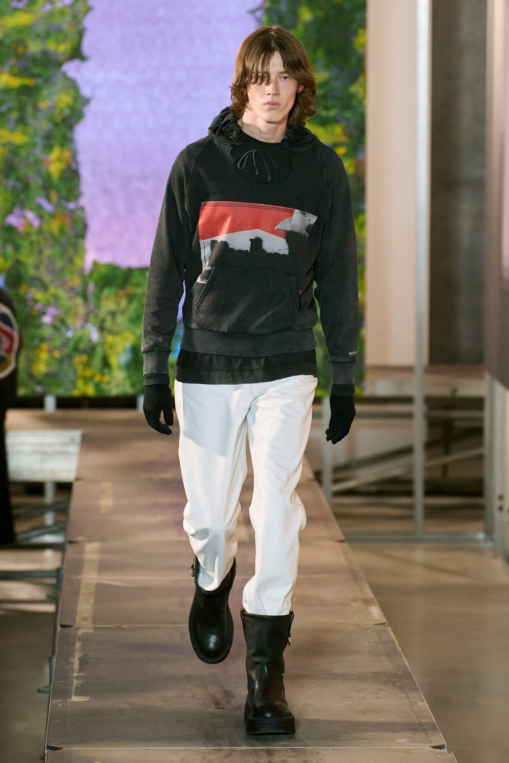 black color-blocked hoodie with white pants