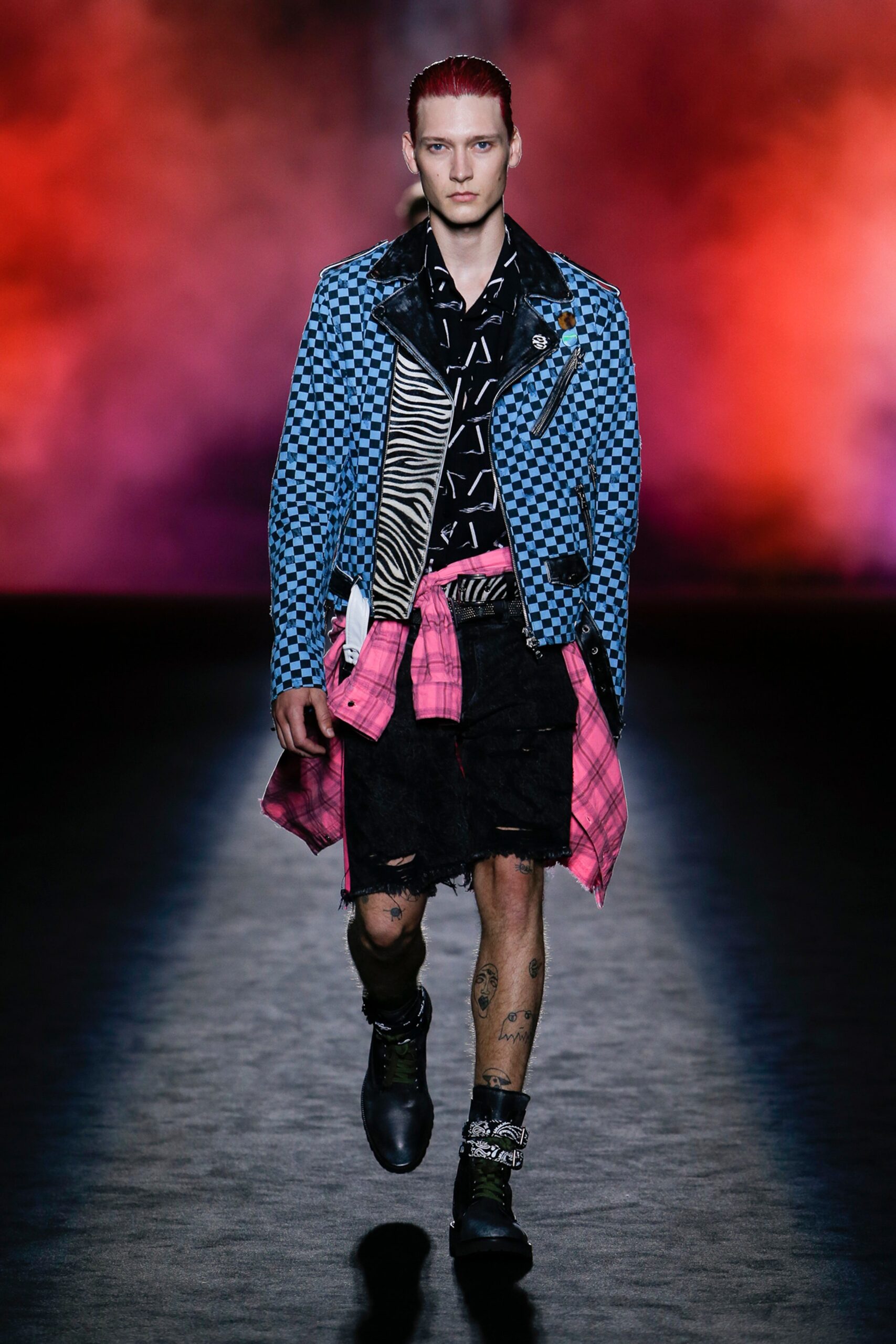 blue checked jacket with black shirt