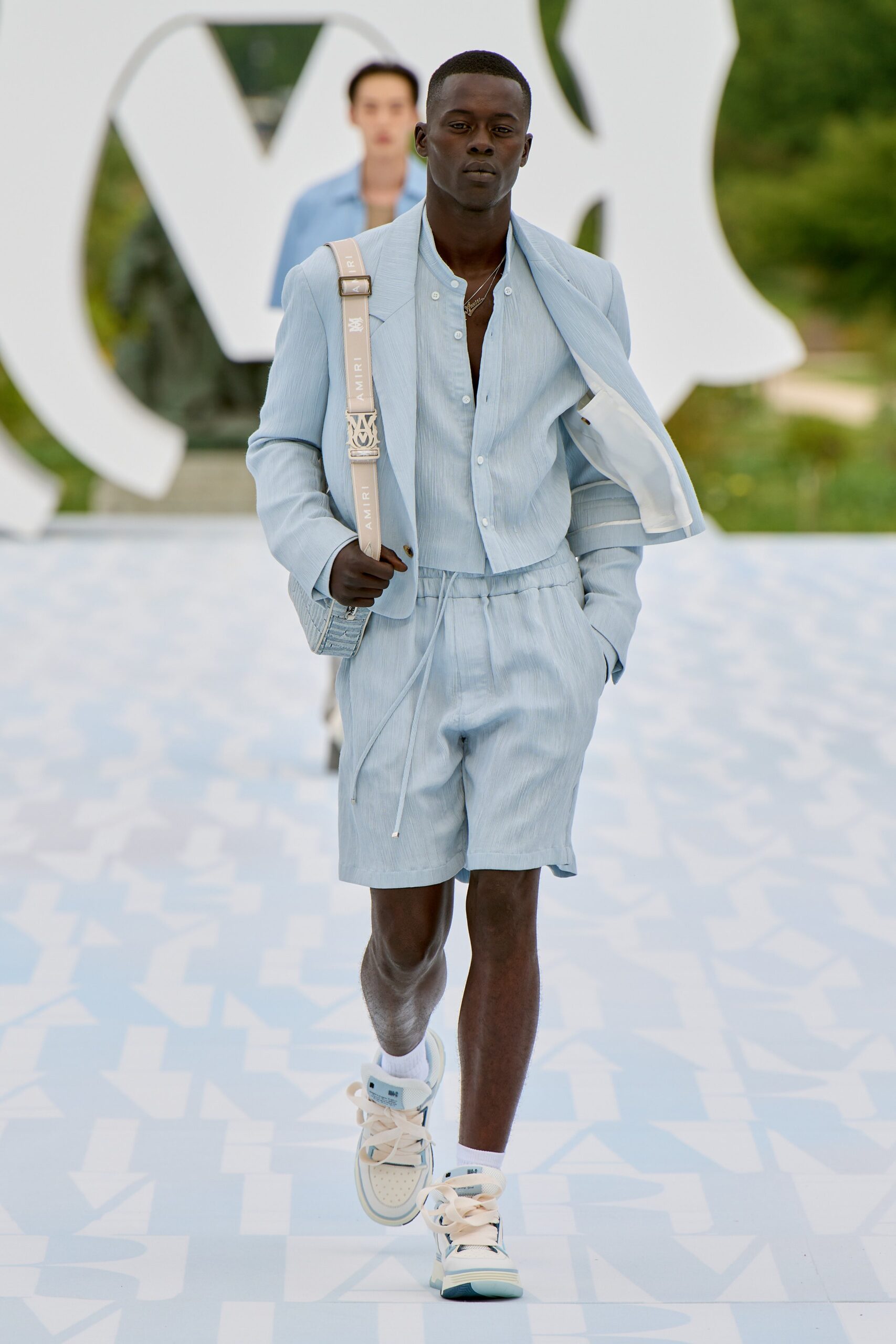 blue cotton fitted suit with shorts