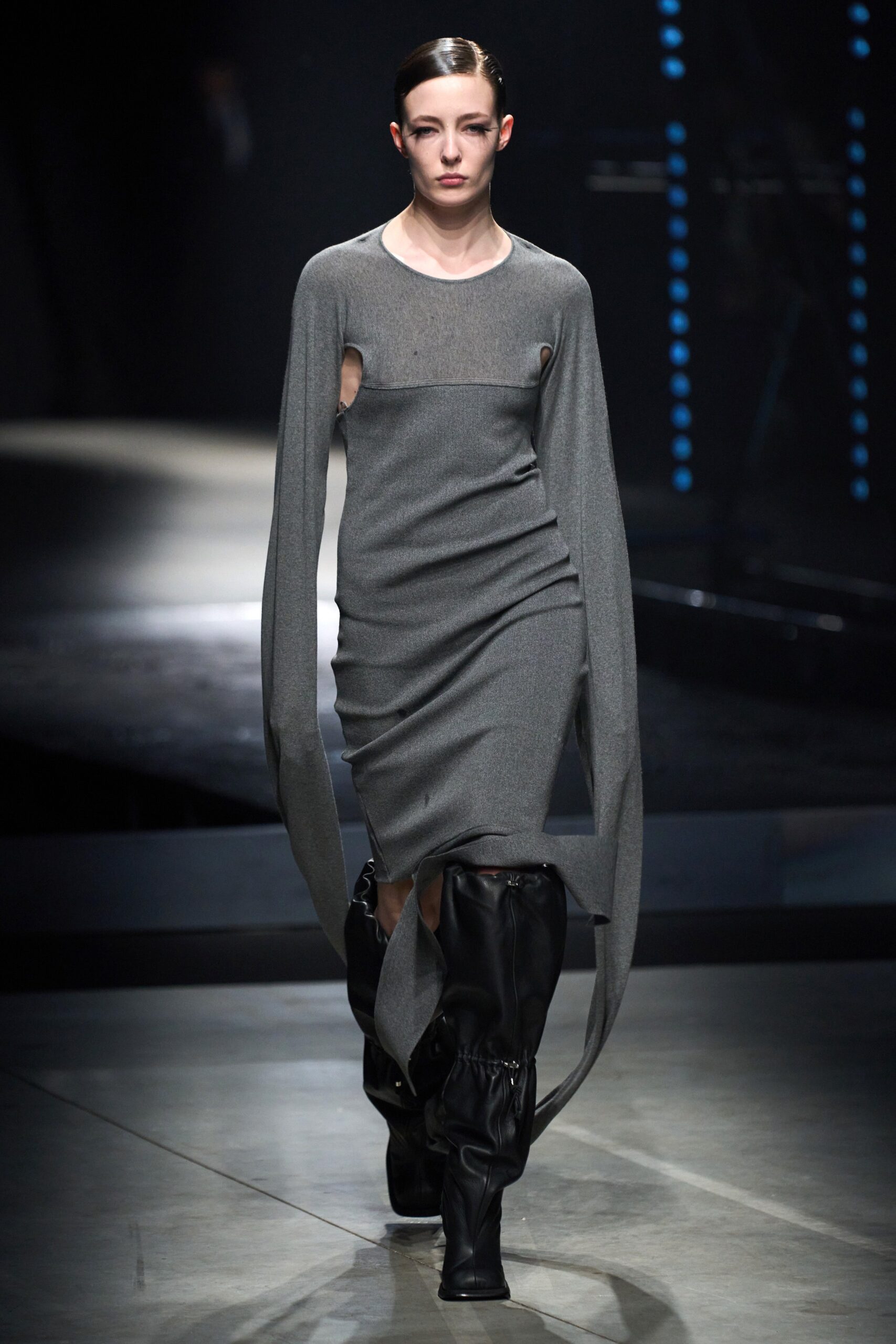 gray wool long-sleeve high-neck fitted draped midi dress