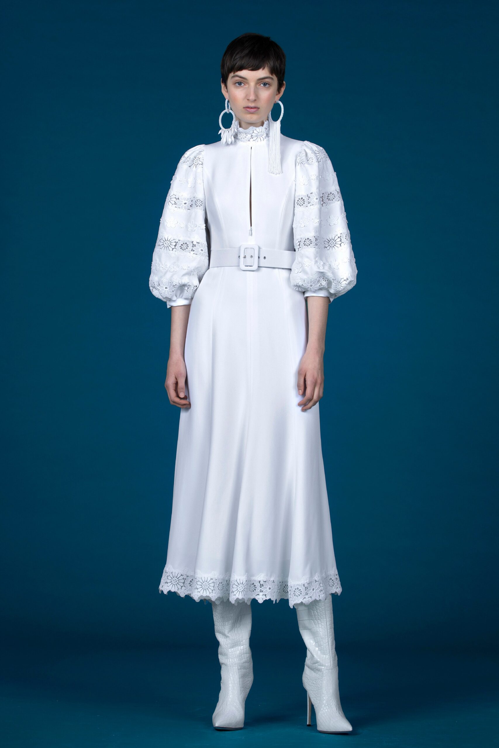 white silk belted midi dress