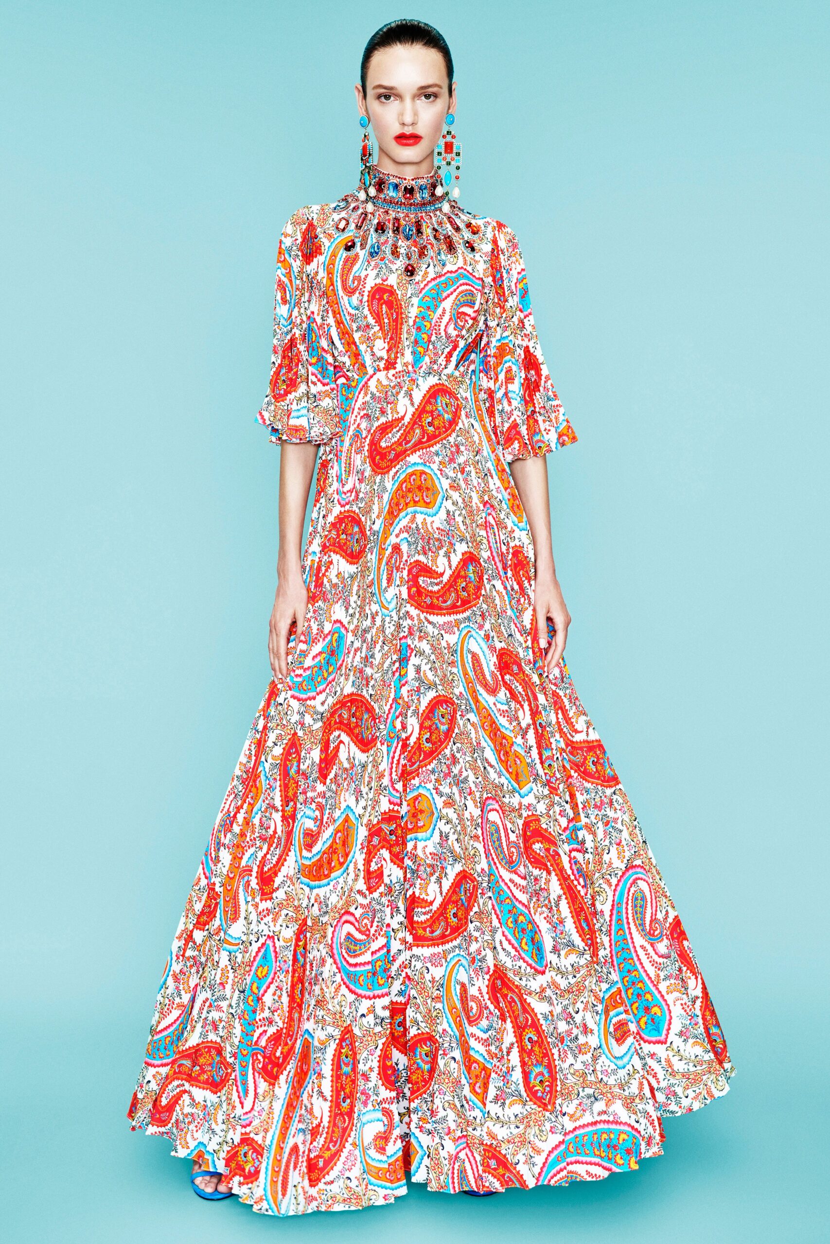 red and blue printed maxi gown