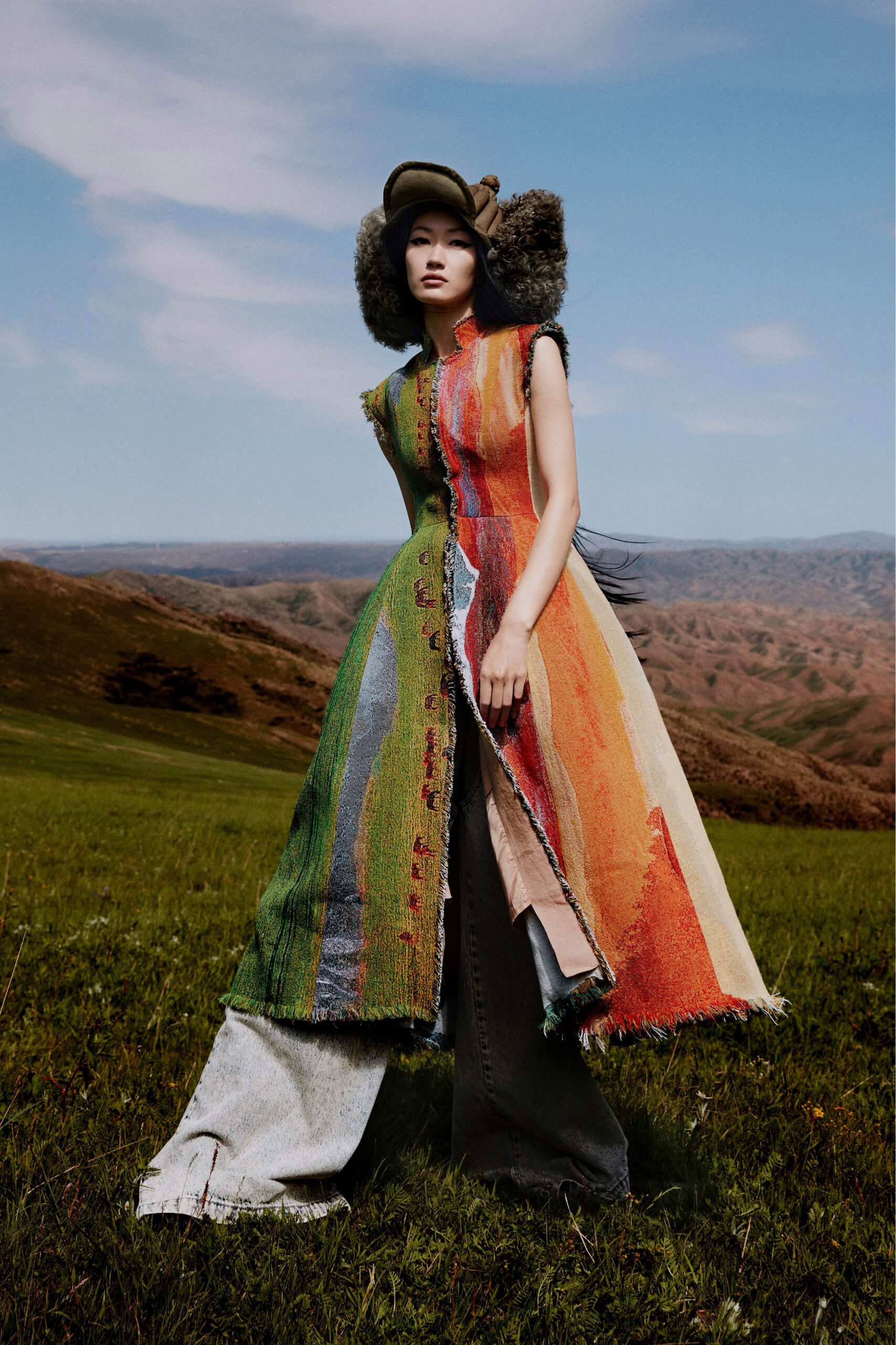 multi cotton sleeveless high-neck fitted layered fringed dress