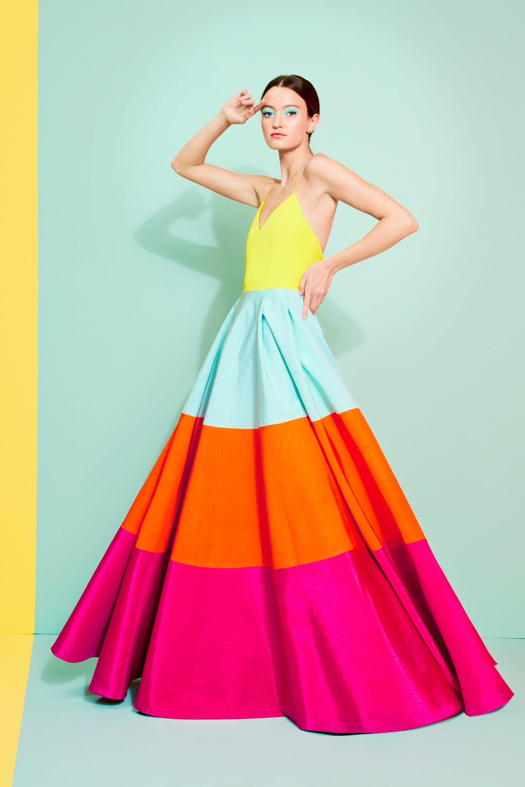 colorful tiered silk gown