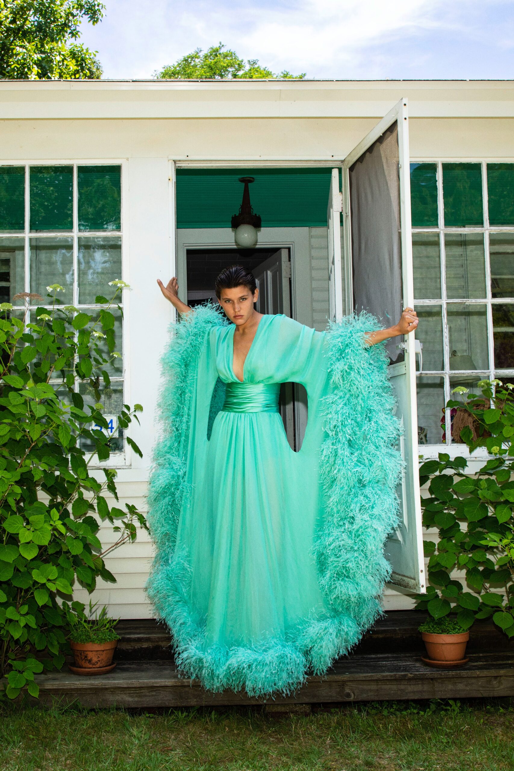 aqua chiffon gown with belt