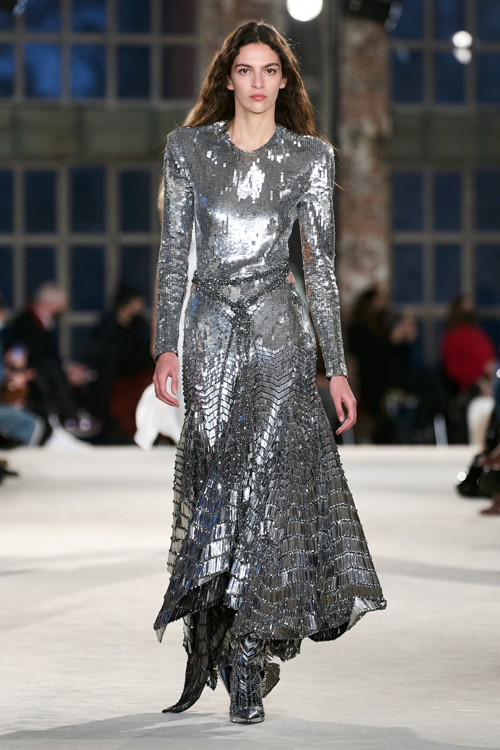 silver sequined long-sleeve gown