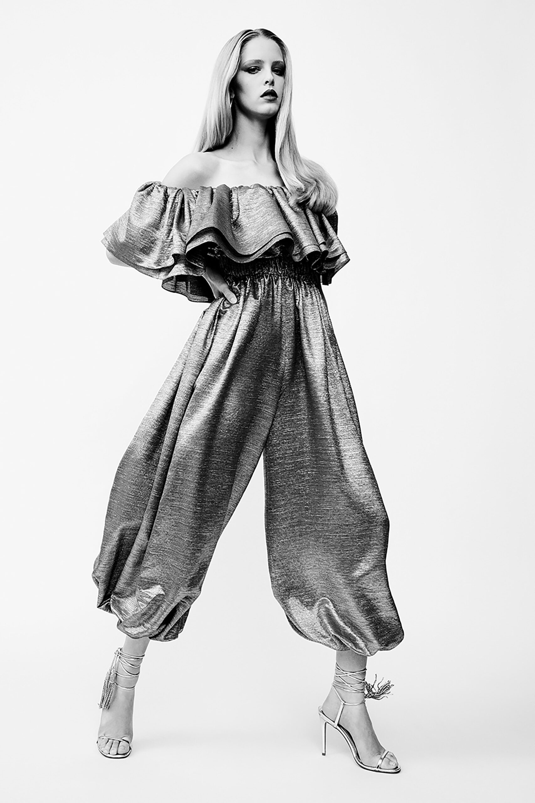 gray satin off-shoulder short-sleeve relaxed ruffled wide-leg jumpsuit