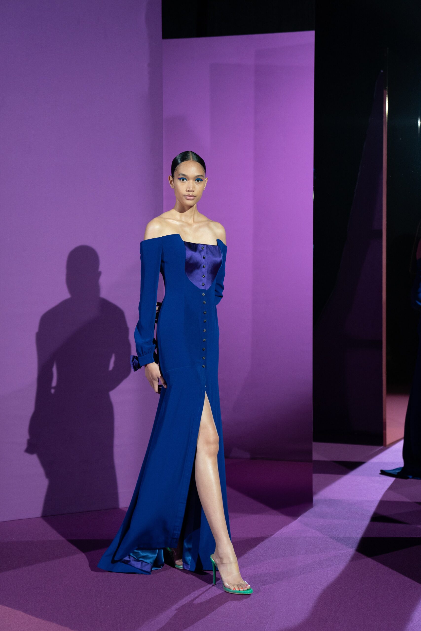 blue silk off-shoulder gown