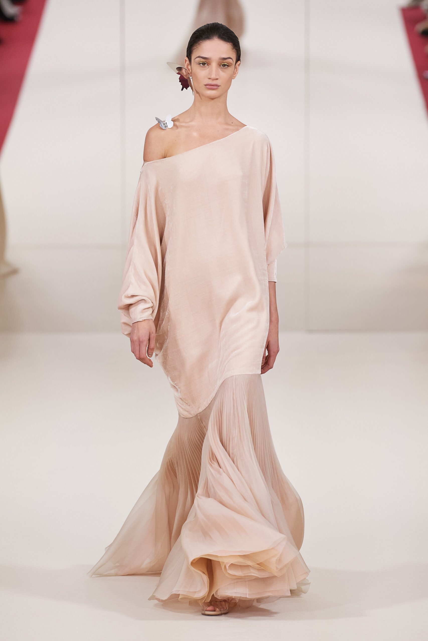 pink silk off-shoulder maxi dress