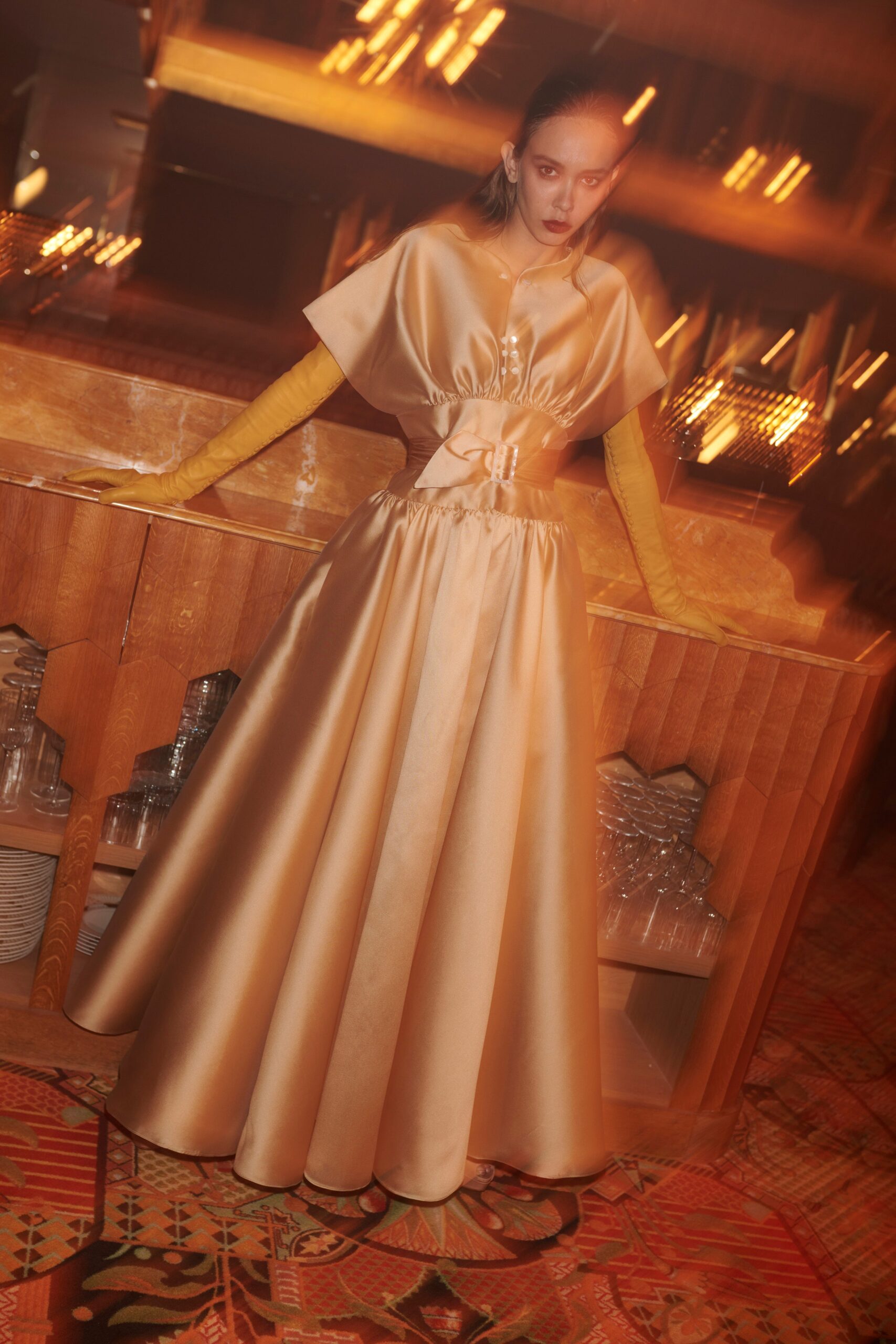 gold silk fitted gown