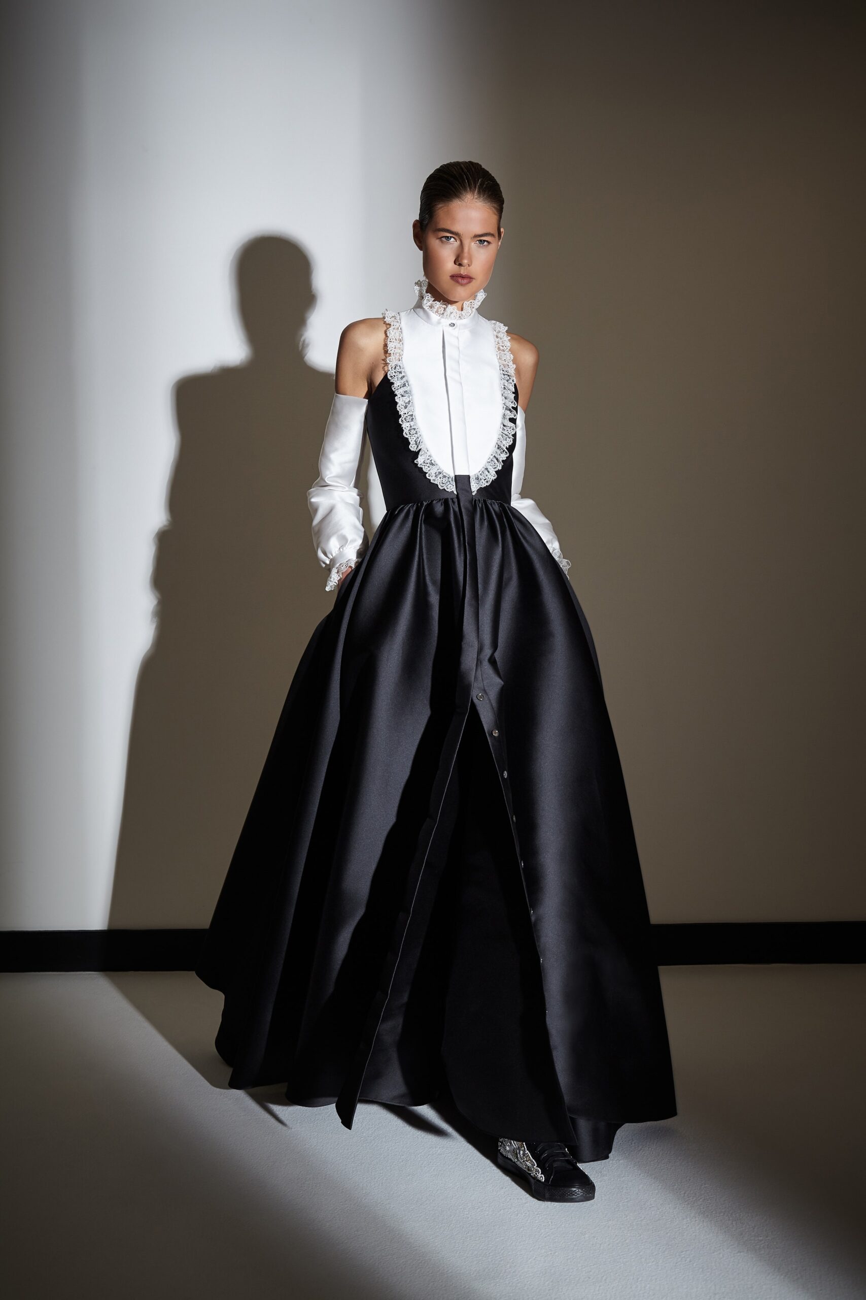black silk gown with ruffles