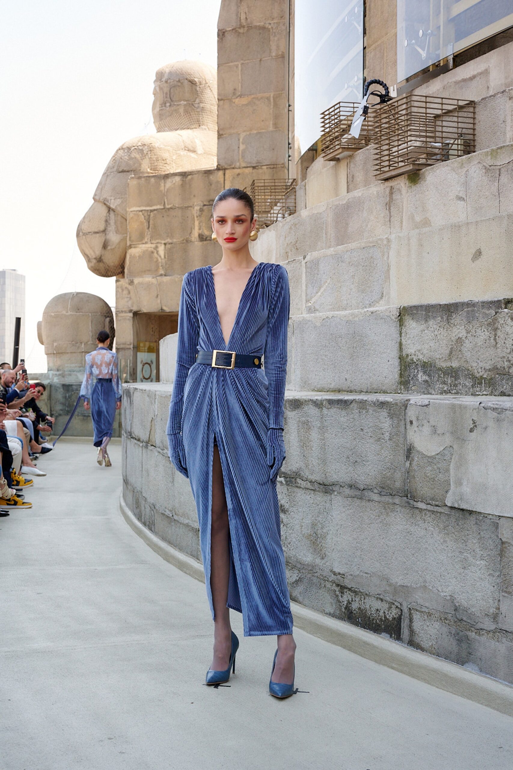 blue velvet fitted dress
