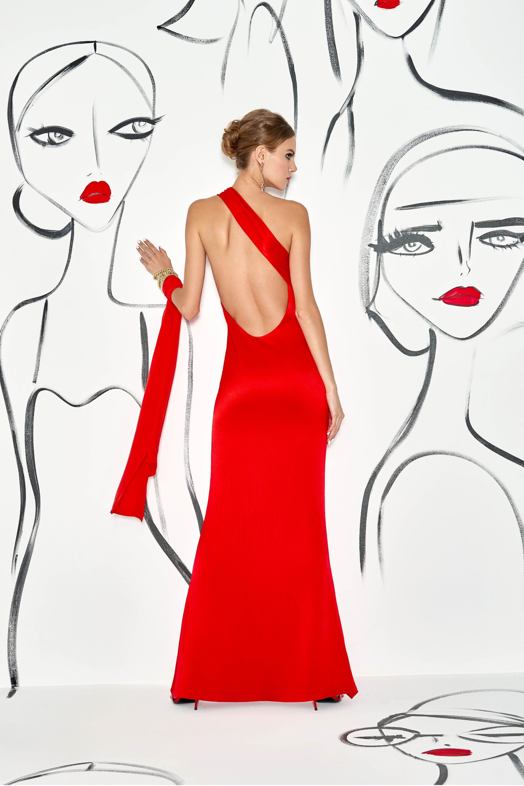 fitted red silk backless gown