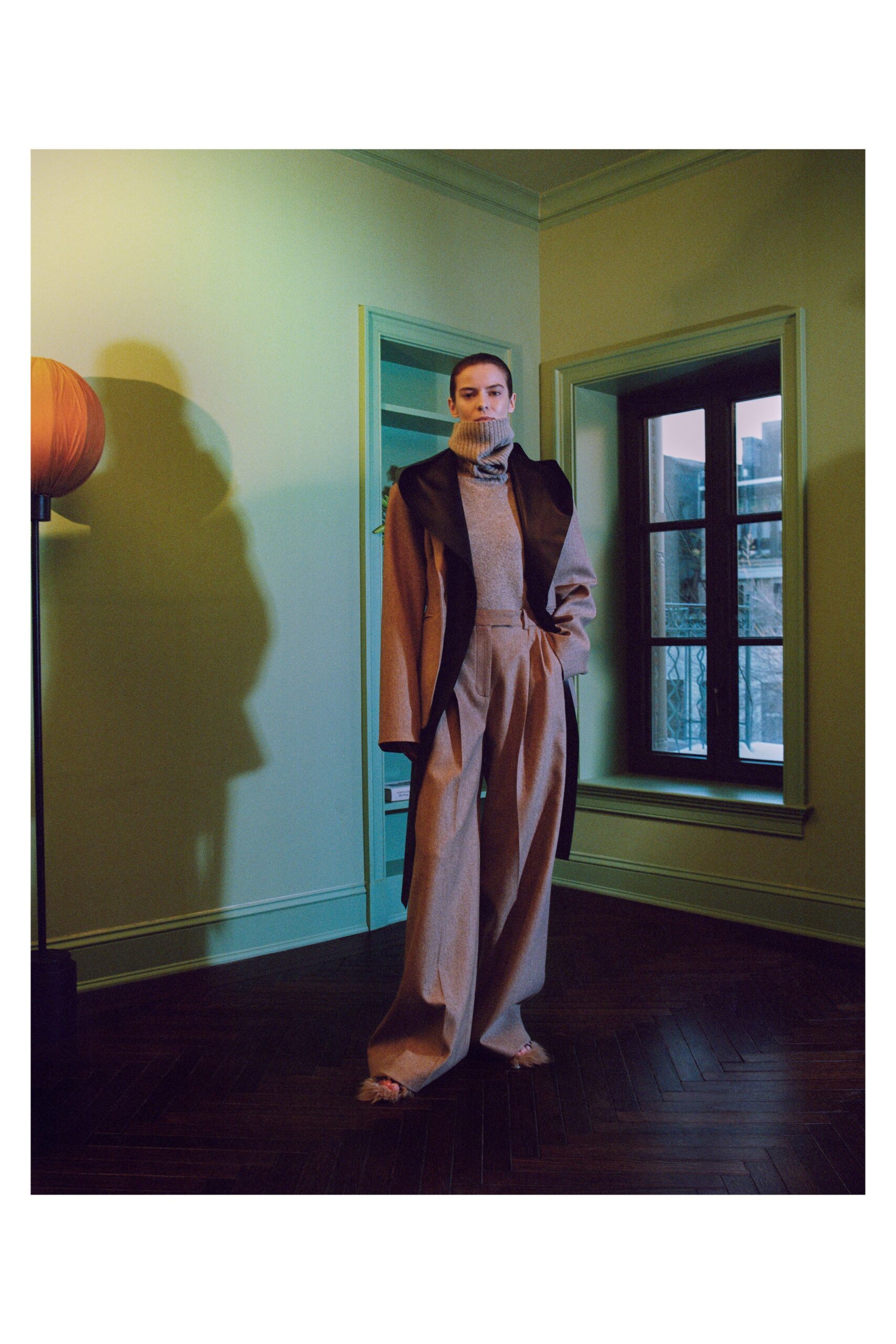 brown wool jacket with gray sweater