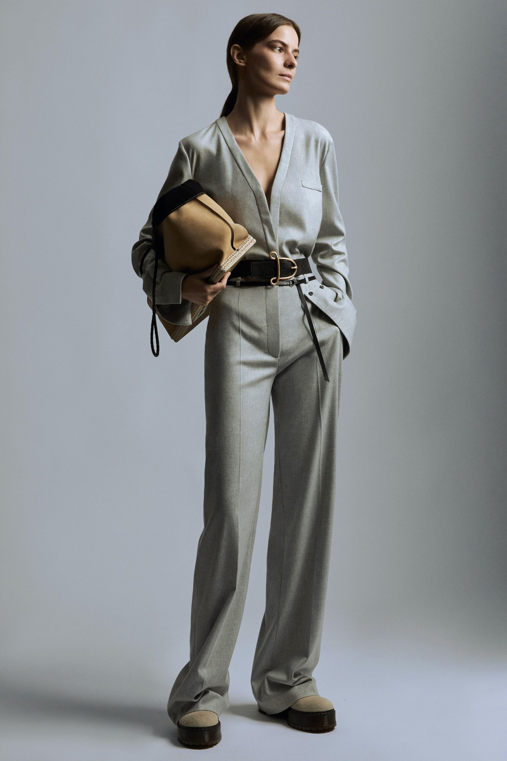 gray tailored suit with accessories