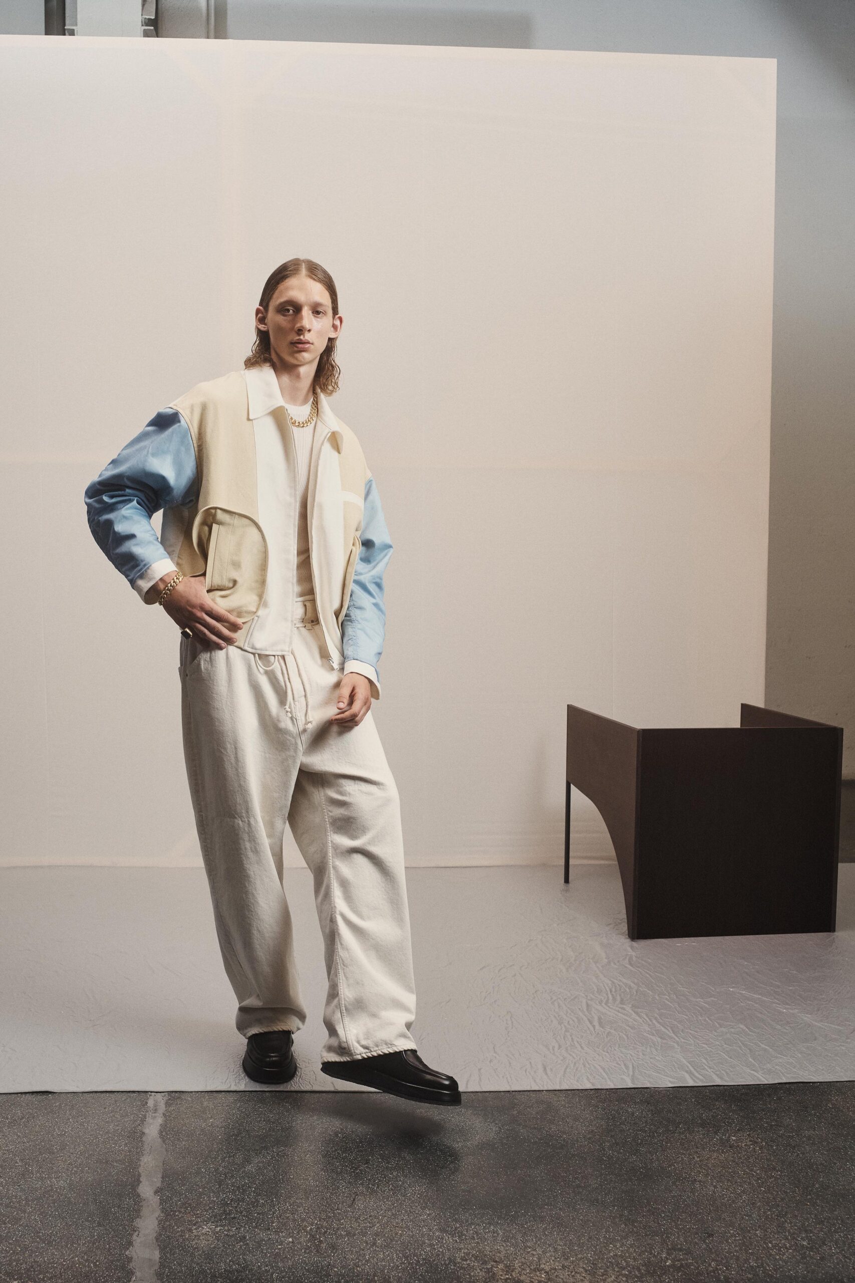 beige and blue relaxed jacket