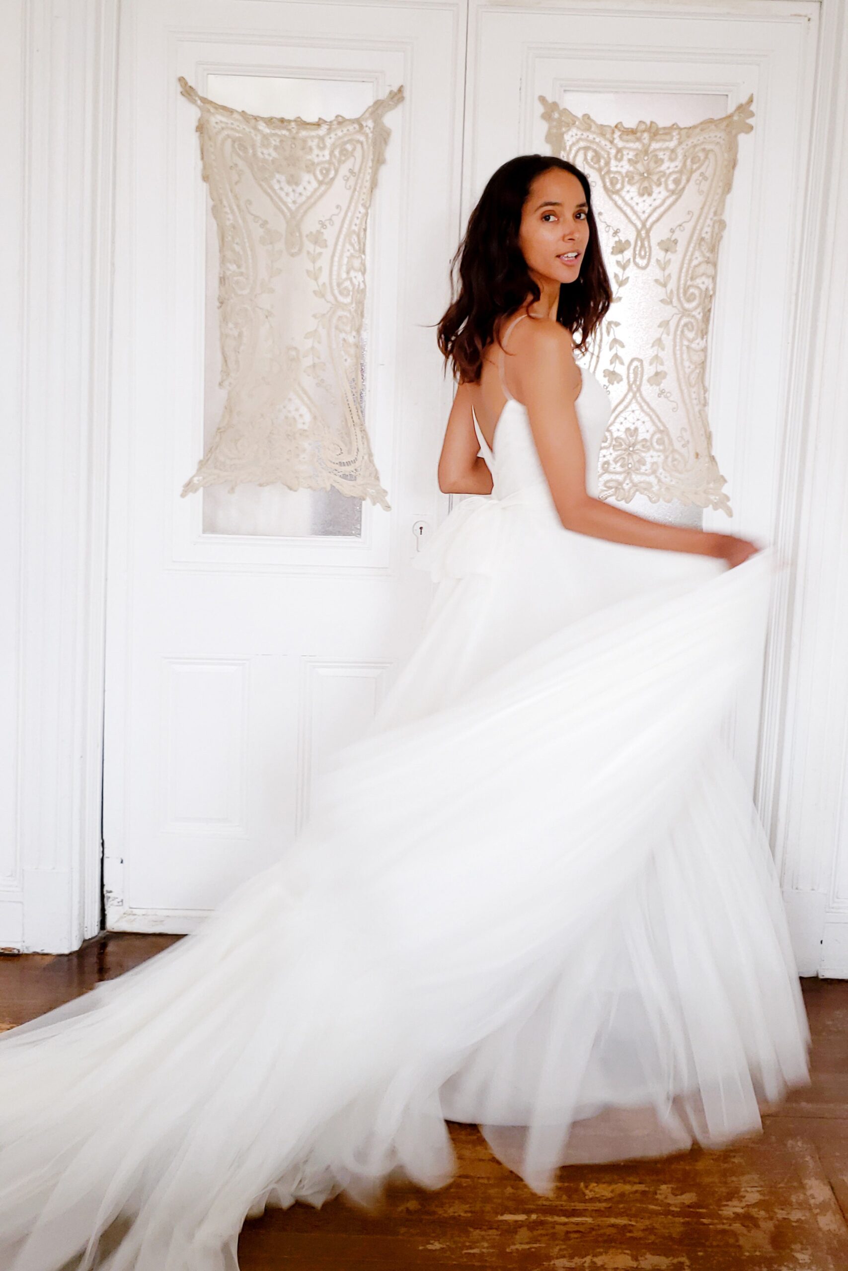 white flowing tulle gown