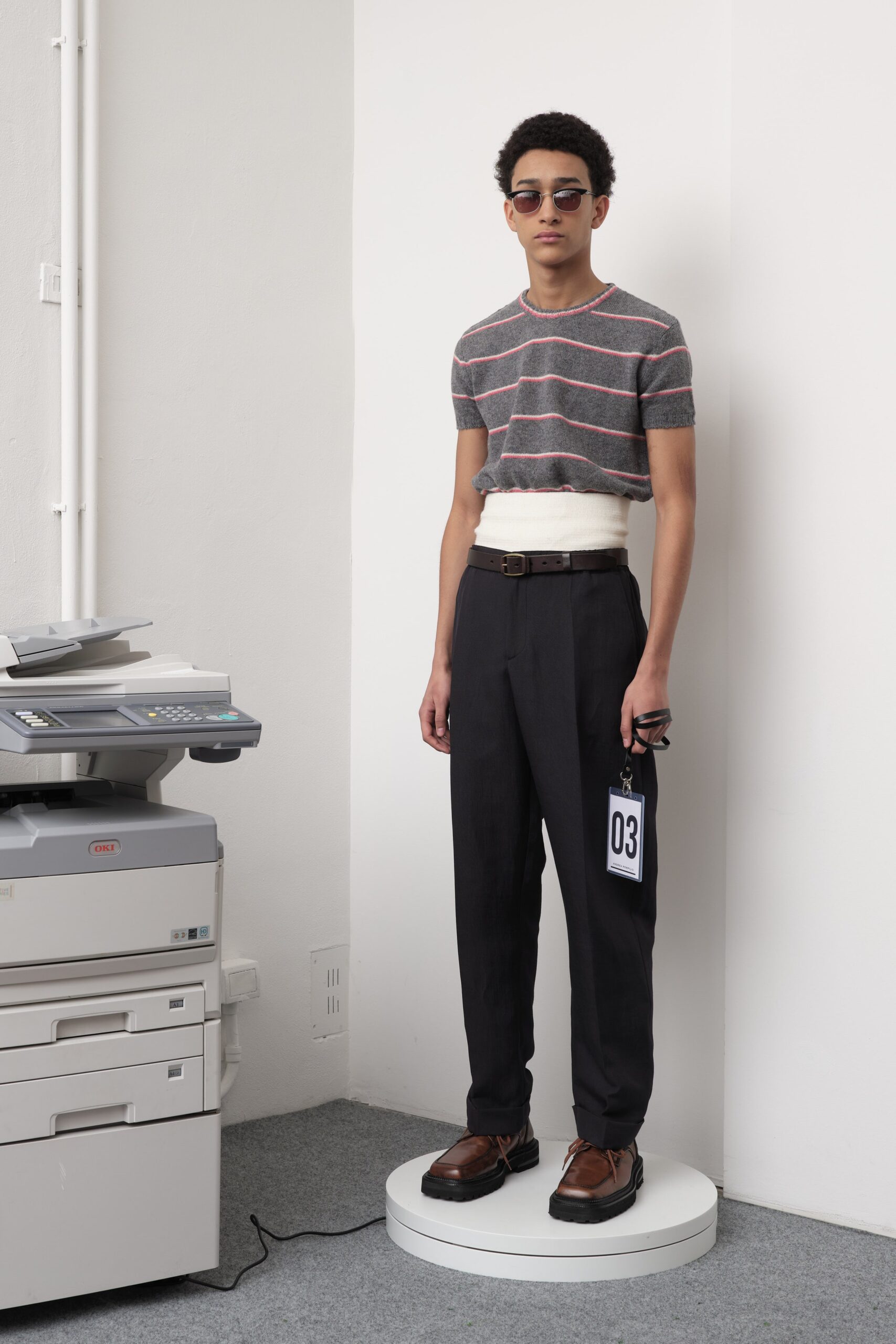 fitted gray striped shirt with tailored pants